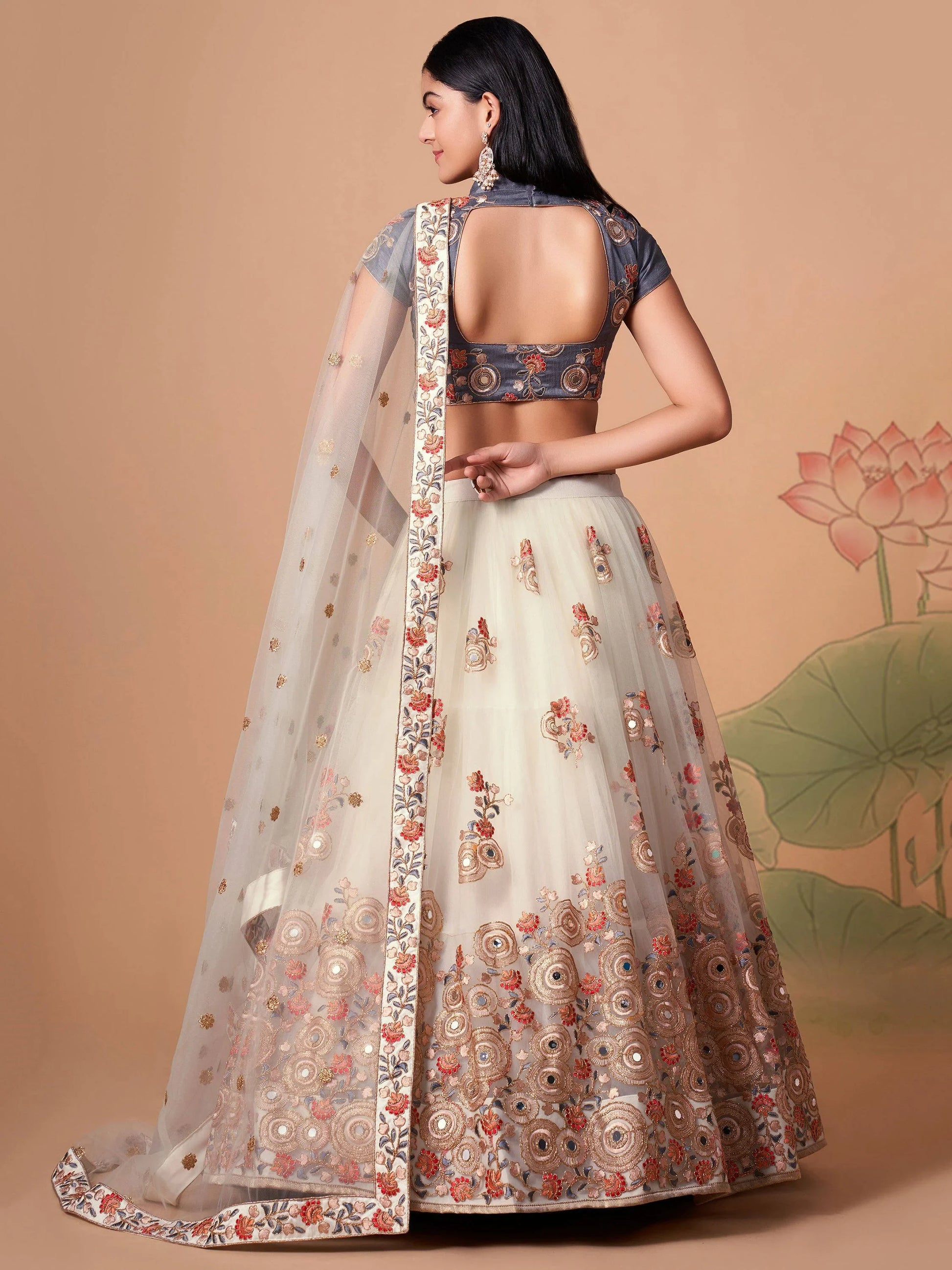 Fascinating Off-White Mirror Work Net Party Wear Lehenga Choli - Zeel Clothing
