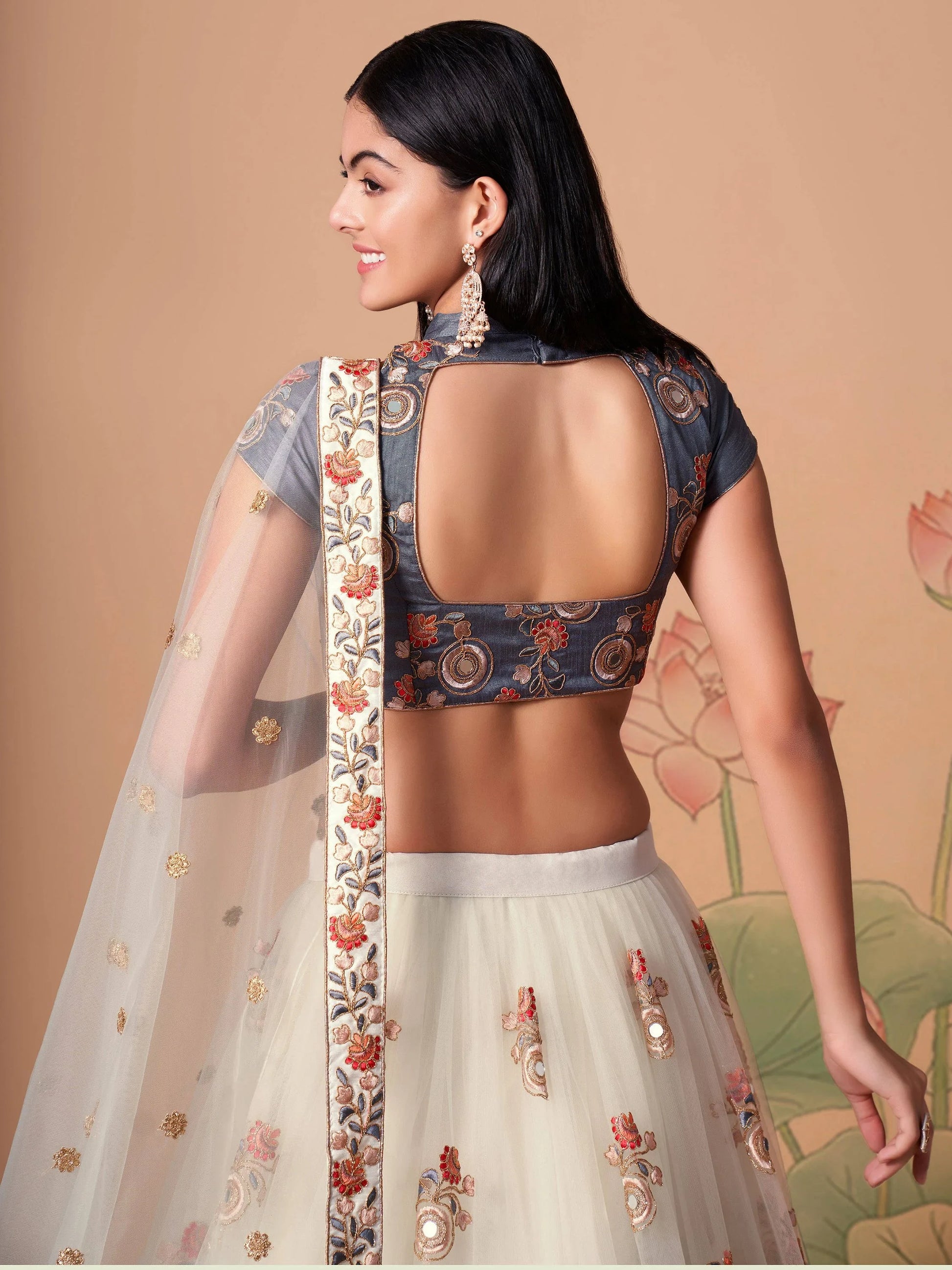 Fascinating Off-White Mirror Work Net Party Wear Lehenga Choli - Zeel Clothing