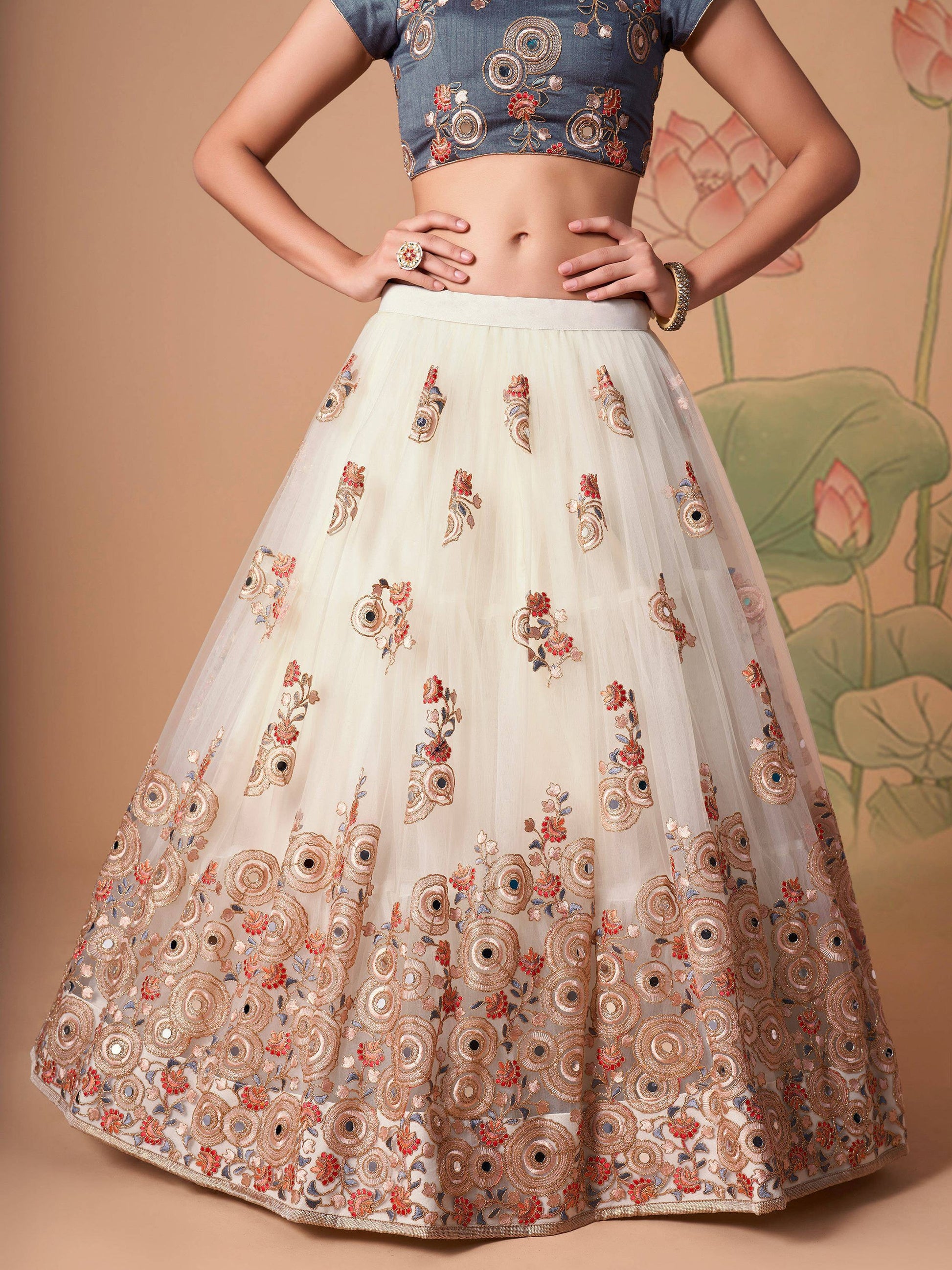 Fascinating Off-White Mirror Work Net Party Wear Lehenga Choli - Zeel Clothing