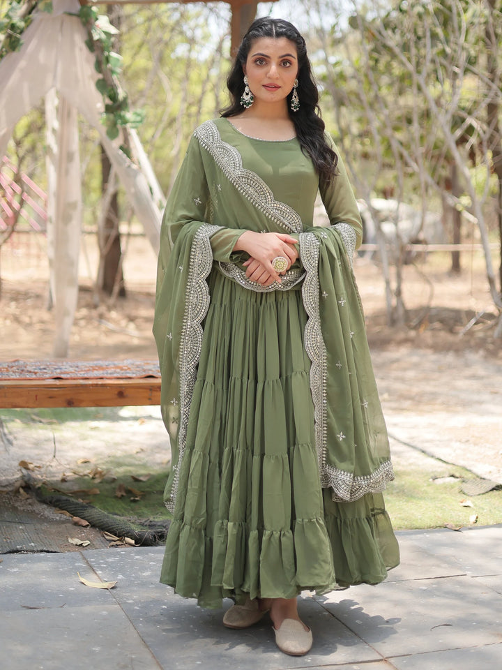 Fascinating Olive Green Georgette Mehendi Wear Gown With Dupatta - Zeel Clothing