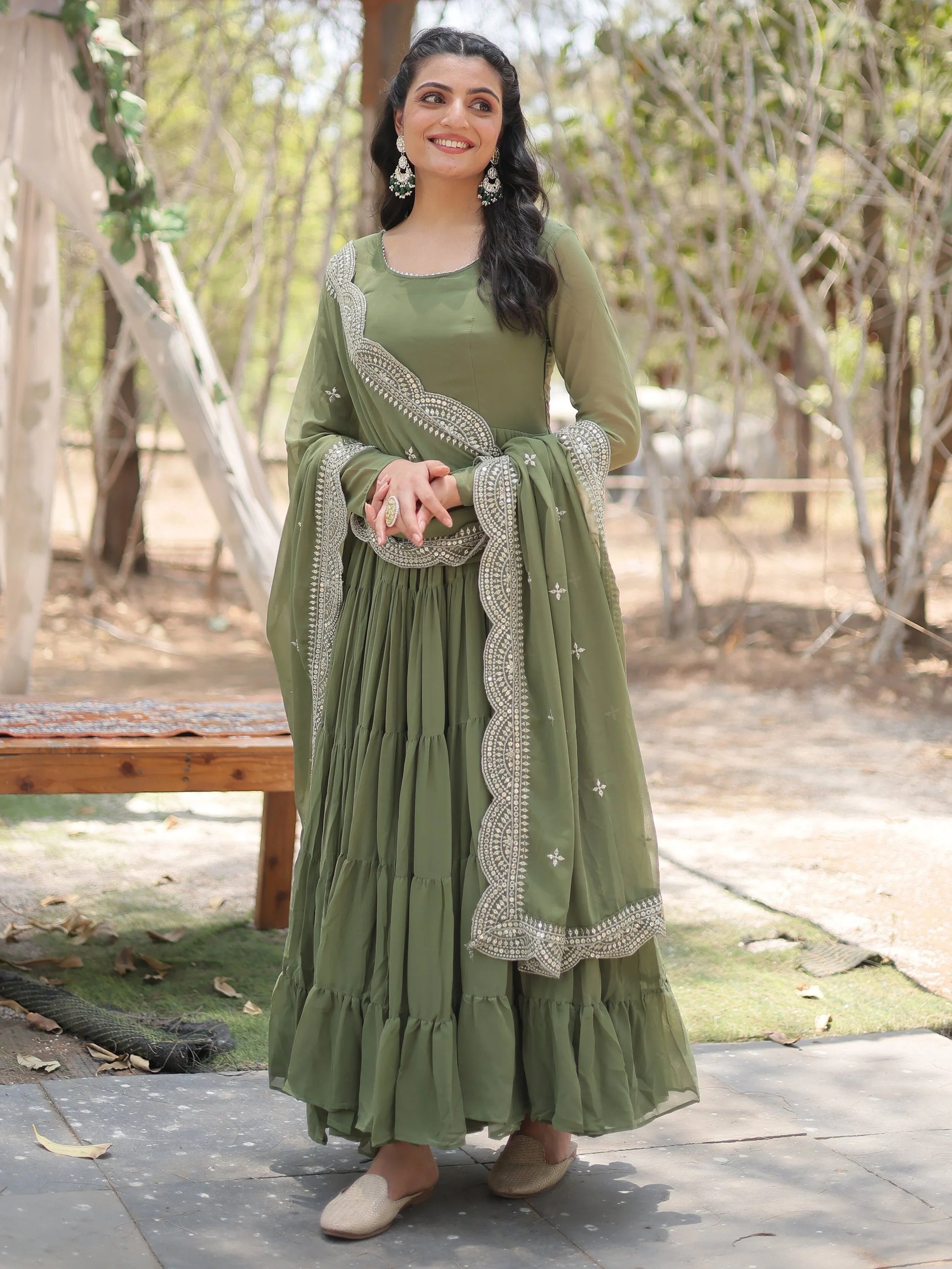 Fascinating Olive Green Georgette Mehendi Wear Gown With Dupatta - Zeel Clothing
