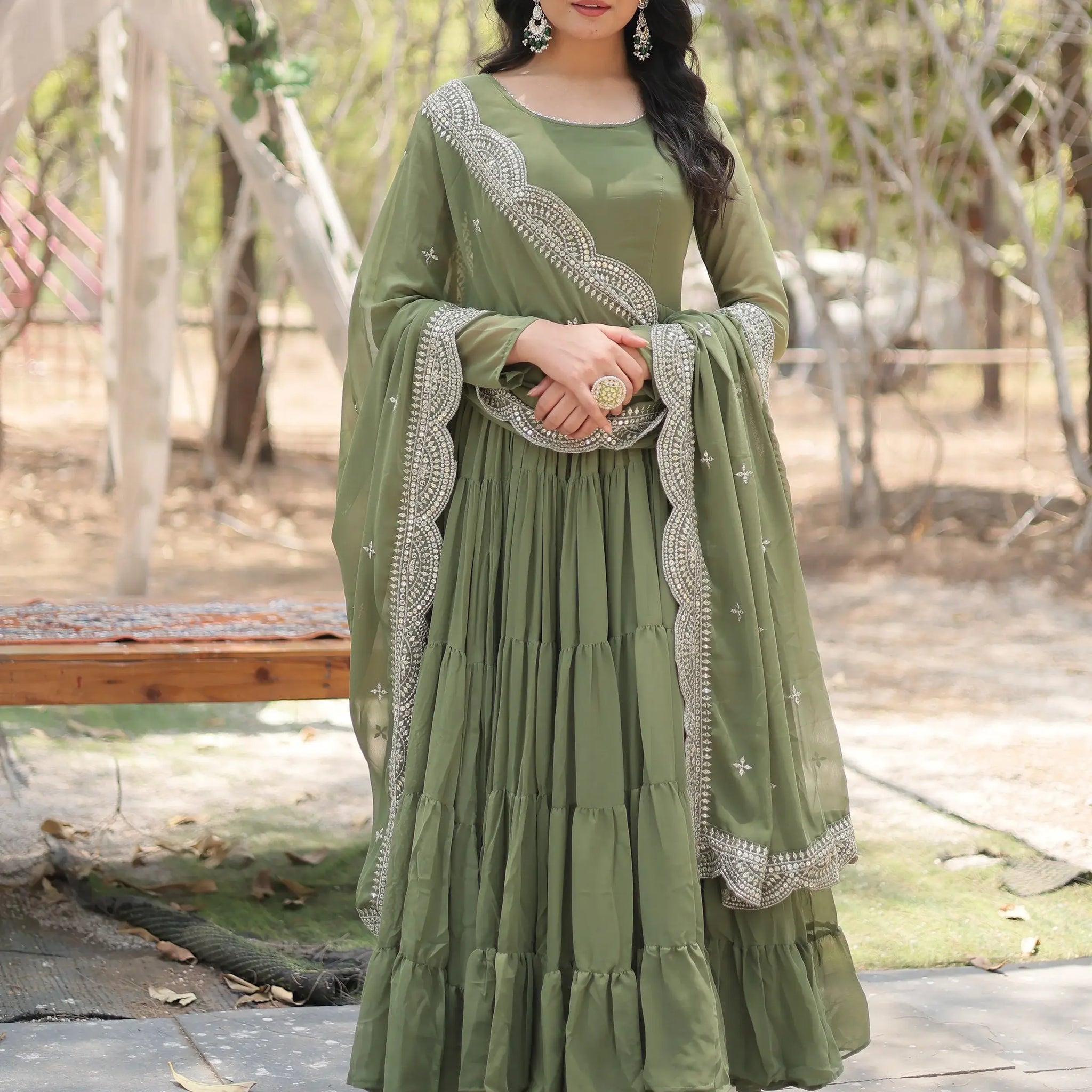 Fascinating Olive Green Georgette Mehendi Wear Gown With Dupatta - Zeel Clothing