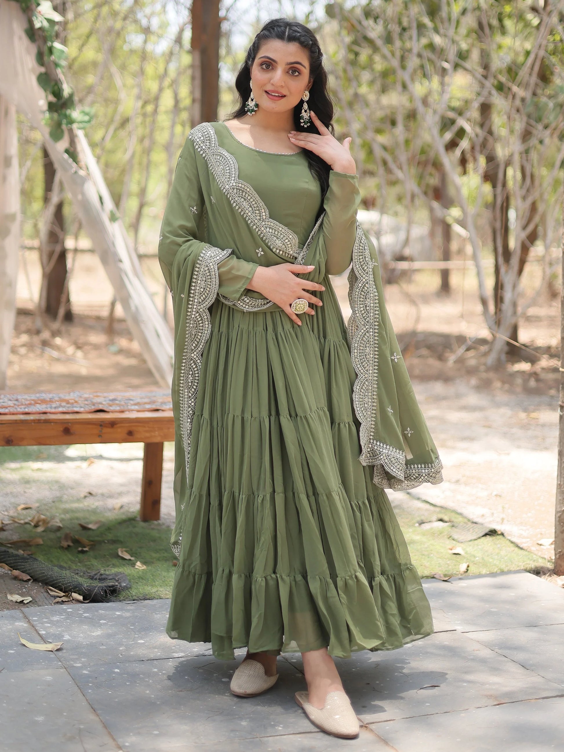 Fascinating Olive Green Georgette Mehendi Wear Gown With Dupatta - Zeel Clothing
