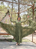 Fascinating Olive Green Georgette Mehendi Wear Gown With Dupatta - Zeel Clothing