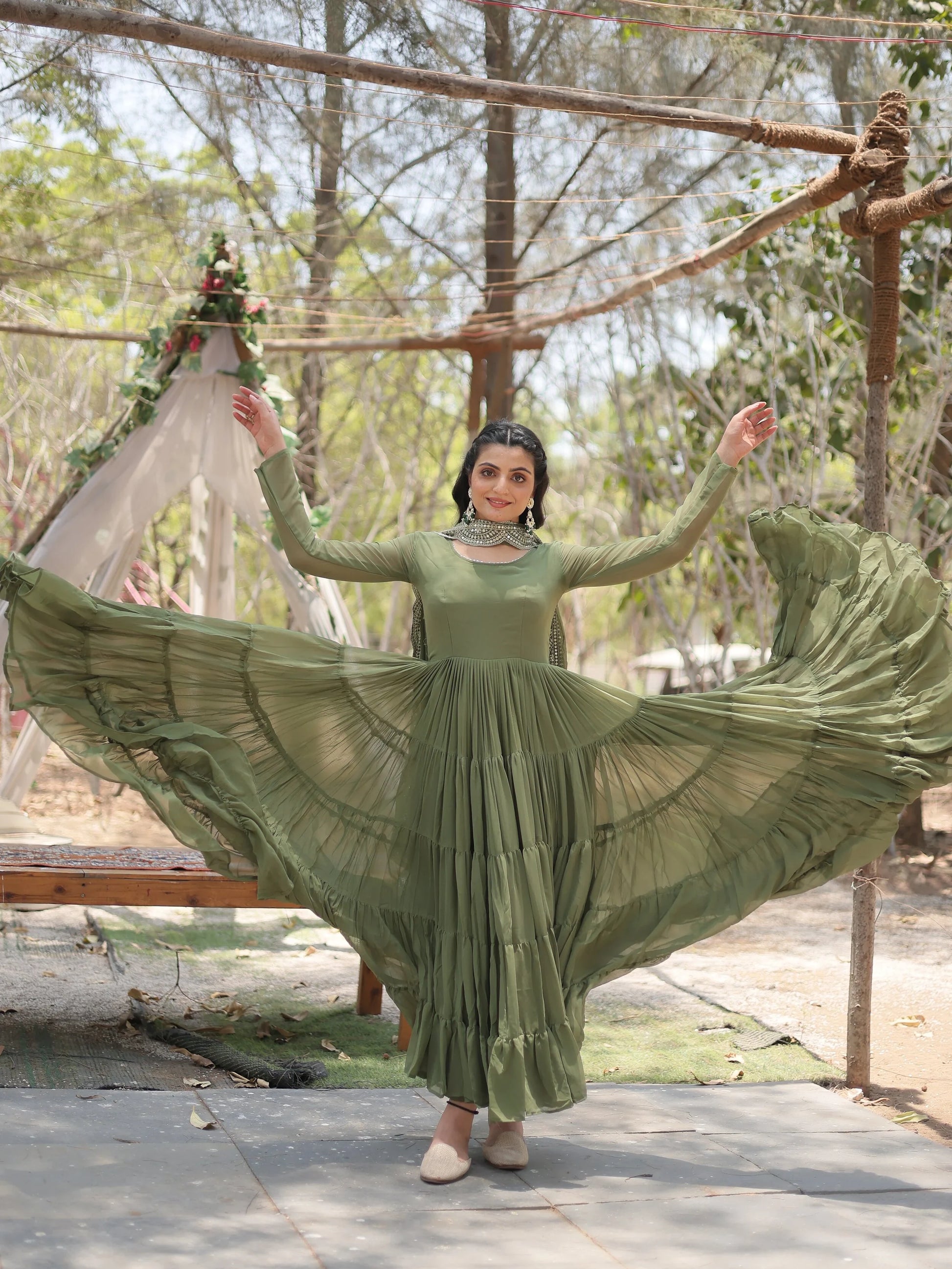 Fascinating Olive Green Georgette Mehendi Wear Gown With Dupatta - Zeel Clothing