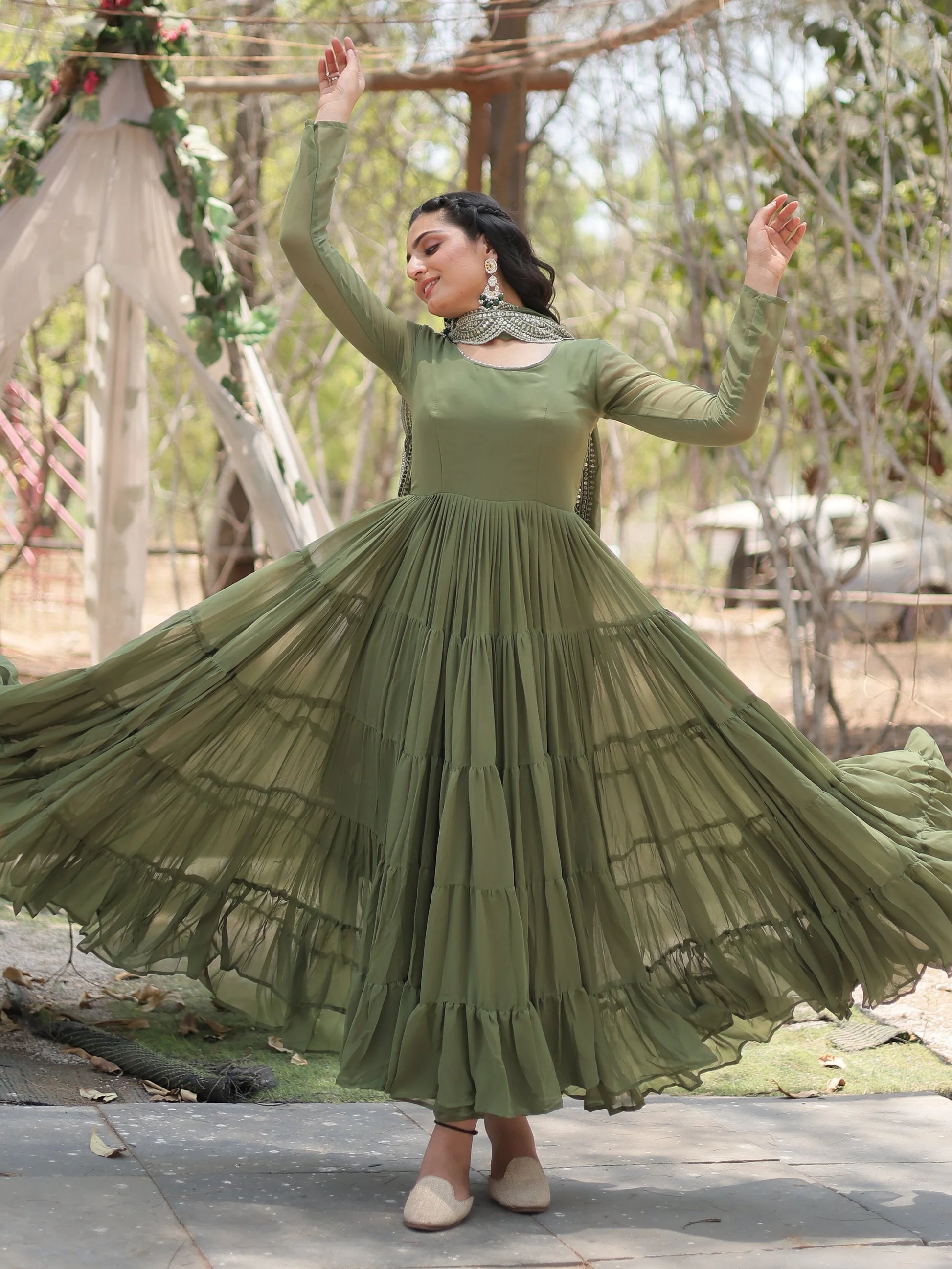 Fascinating Olive Green Georgette Mehendi Wear Gown With Dupatta - Zeel Clothing