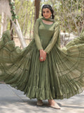 Fascinating Olive Green Georgette Mehendi Wear Gown With Dupatta - Zeel Clothing