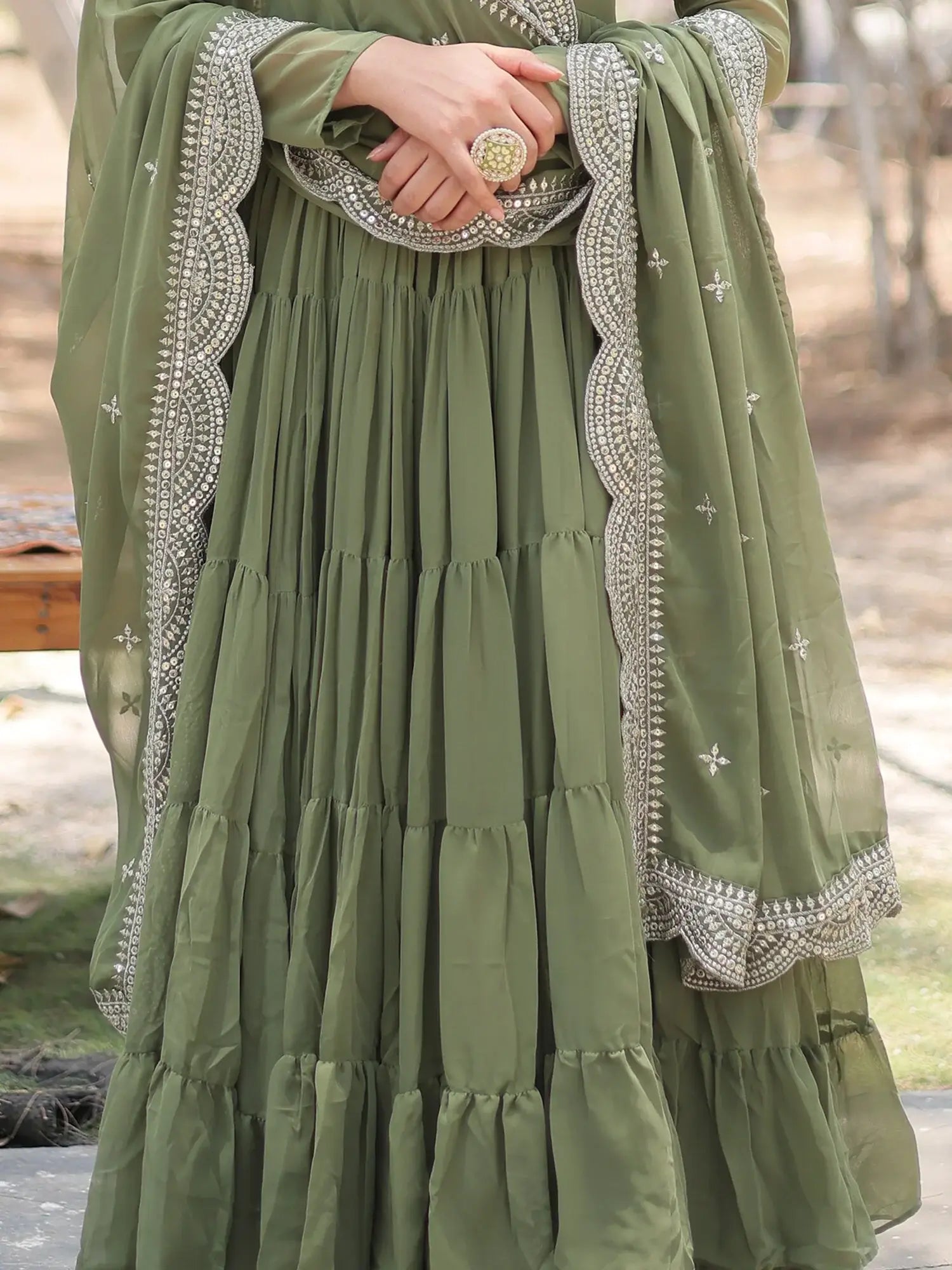 Fascinating Olive Green Georgette Mehendi Wear Gown With Dupatta - Zeel Clothing