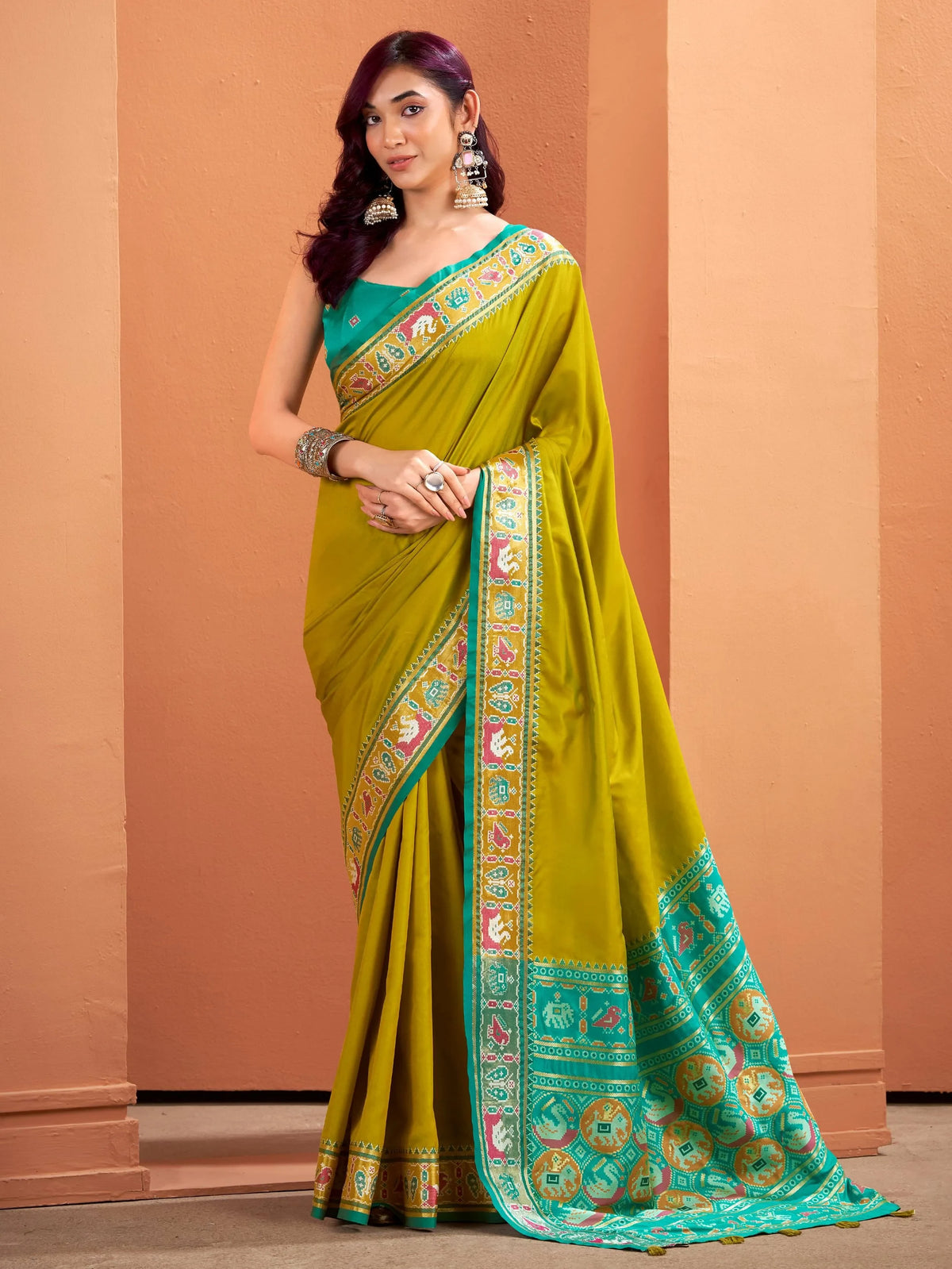 Fascinating Olive Green Patola Weaving Silk Wedding Wear Saree With Blouse - Zeel Clothing