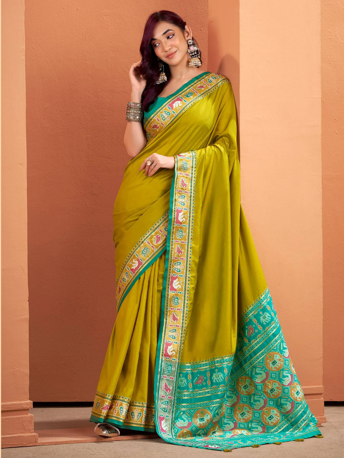 Fascinating Olive Green Patola Weaving Silk Wedding Wear Saree With Blouse - Zeel Clothing