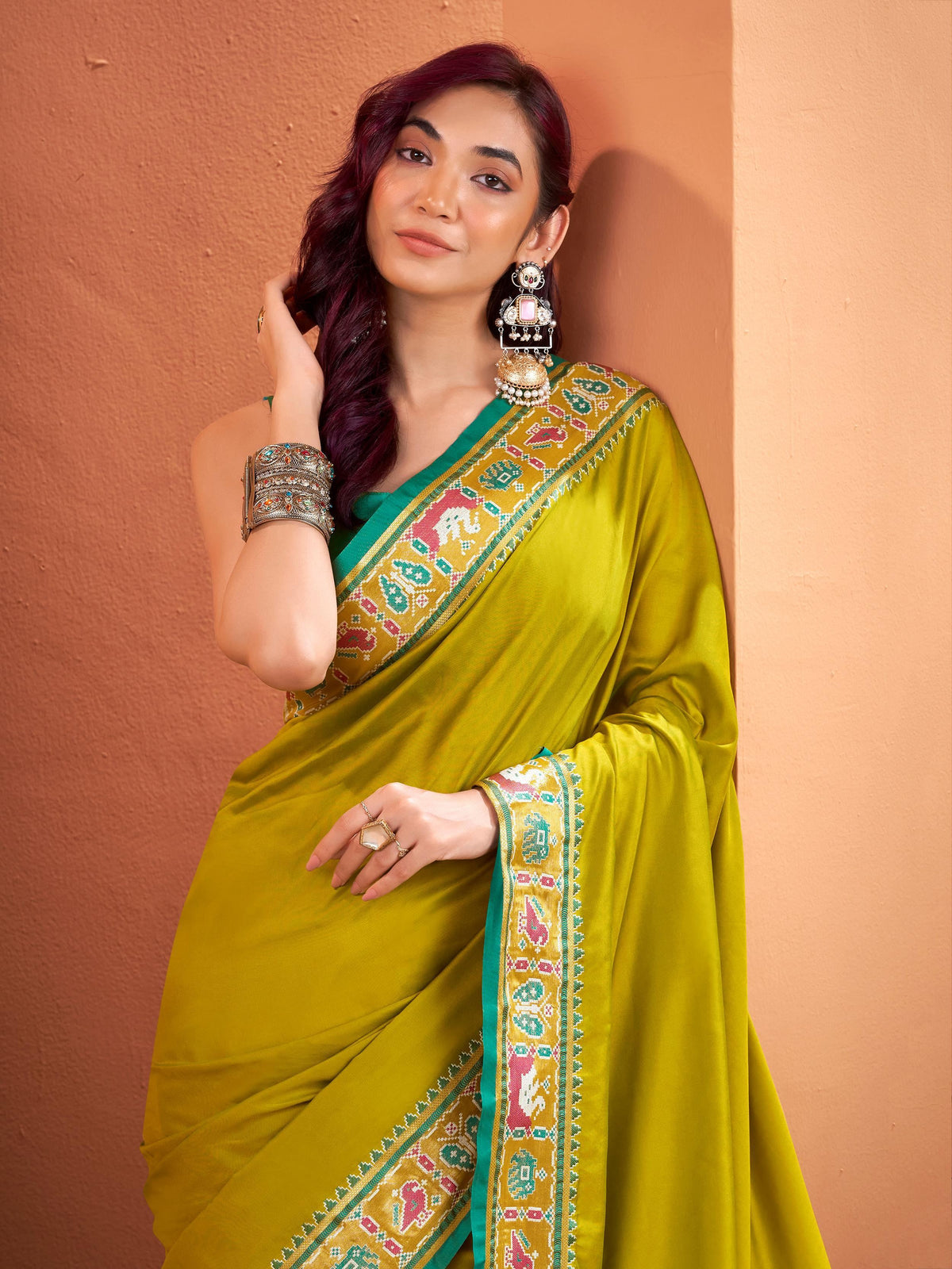 Fascinating Olive Green Patola Weaving Silk Wedding Wear Saree With Blouse - Zeel Clothing