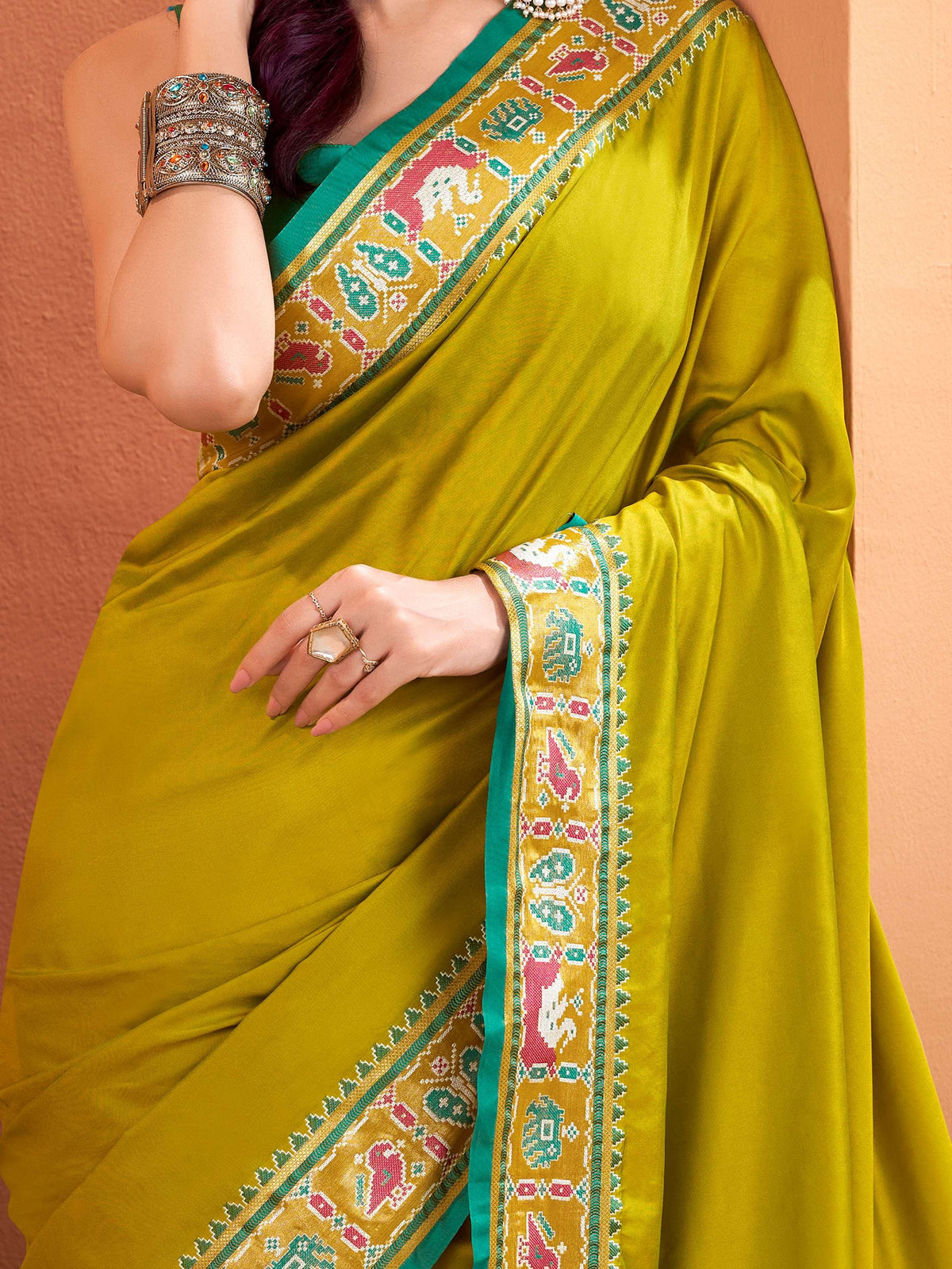 Fascinating Olive Green Patola Weaving Silk Wedding Wear Saree With Blouse - Zeel Clothing