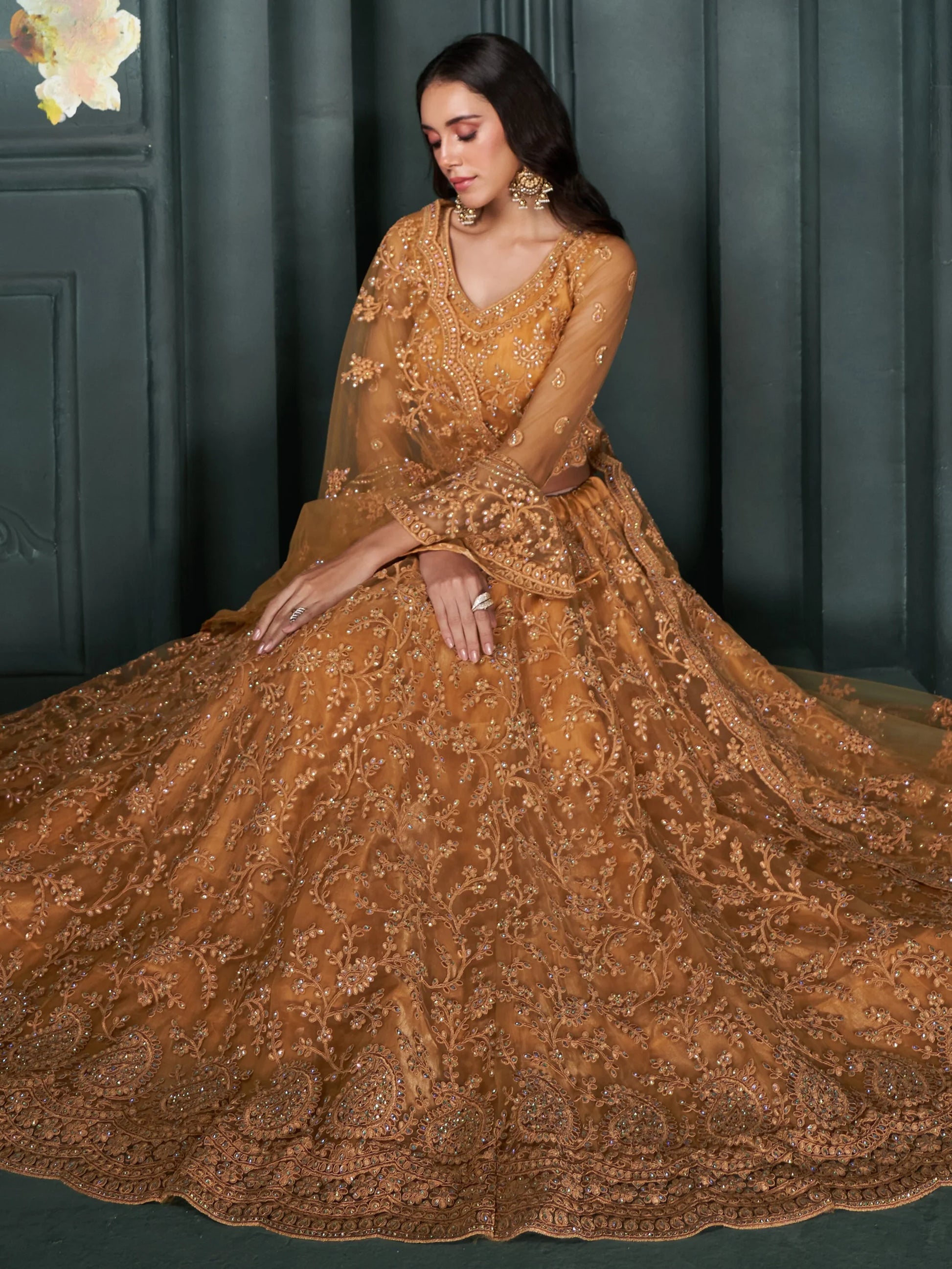 Fascinating Orange Thread Work Net Engagement Wear Lehenga Choli - Zeel Clothing