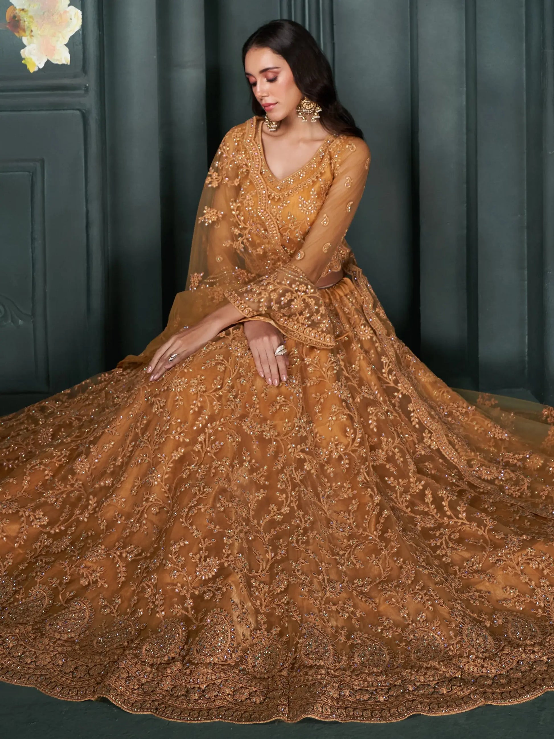 Fascinating Orange Thread Work Net Engagement Wear Lehenga Choli - Zeel Clothing