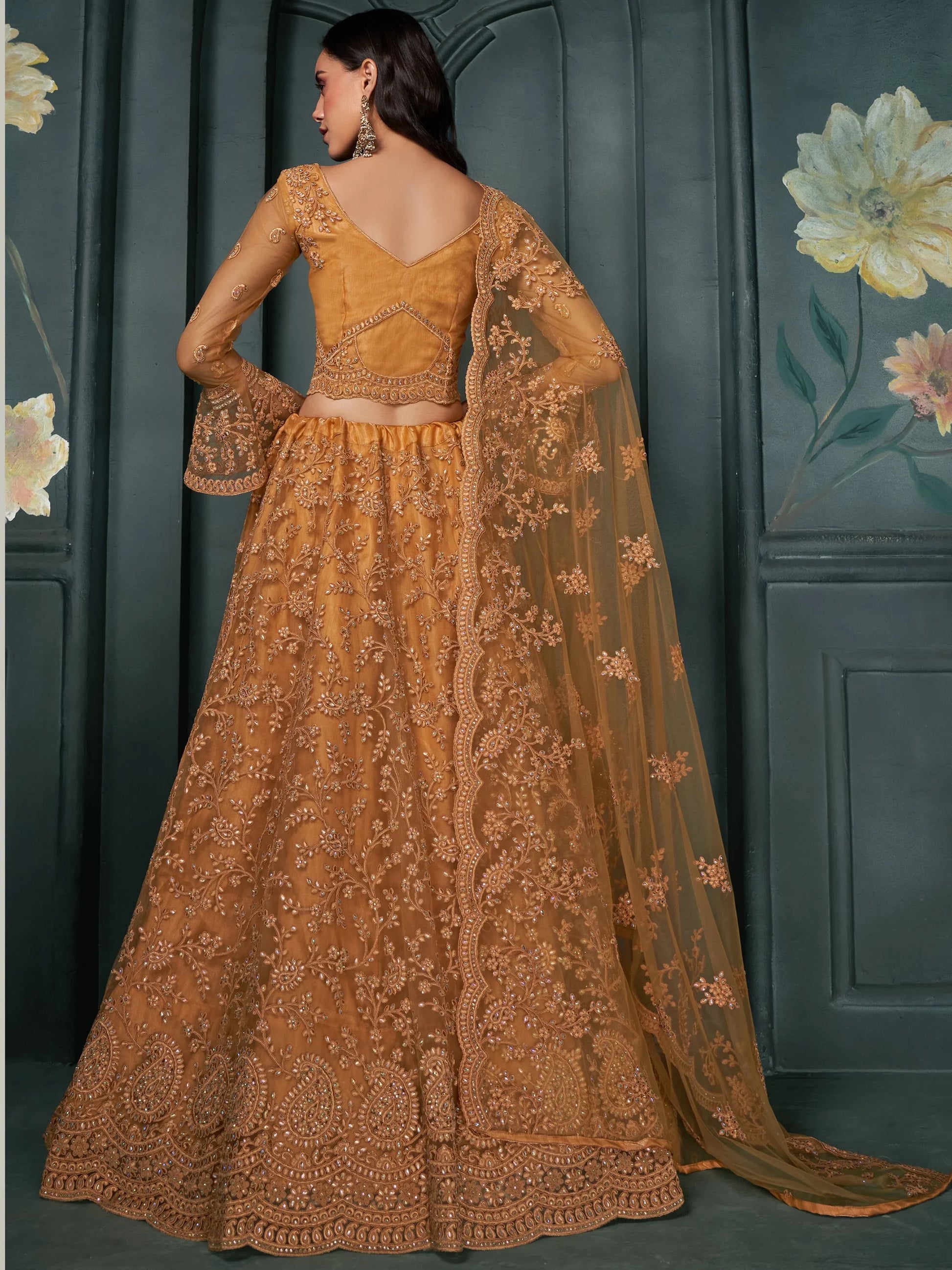 Fascinating Orange Thread Work Net Engagement Wear Lehenga Choli - Zeel Clothing