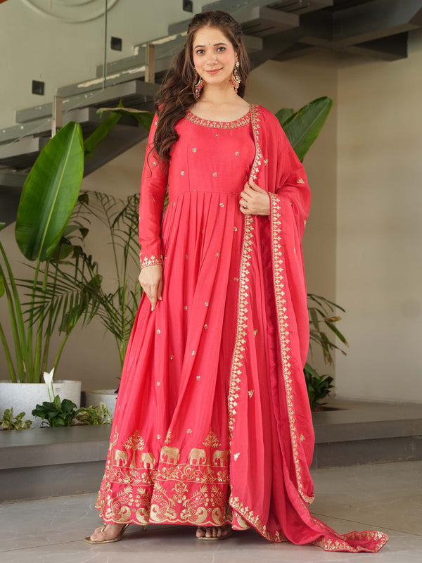 Fascinating Peach Zari Embroidered Chinon Festival Wear Gown - Zeel Clothing