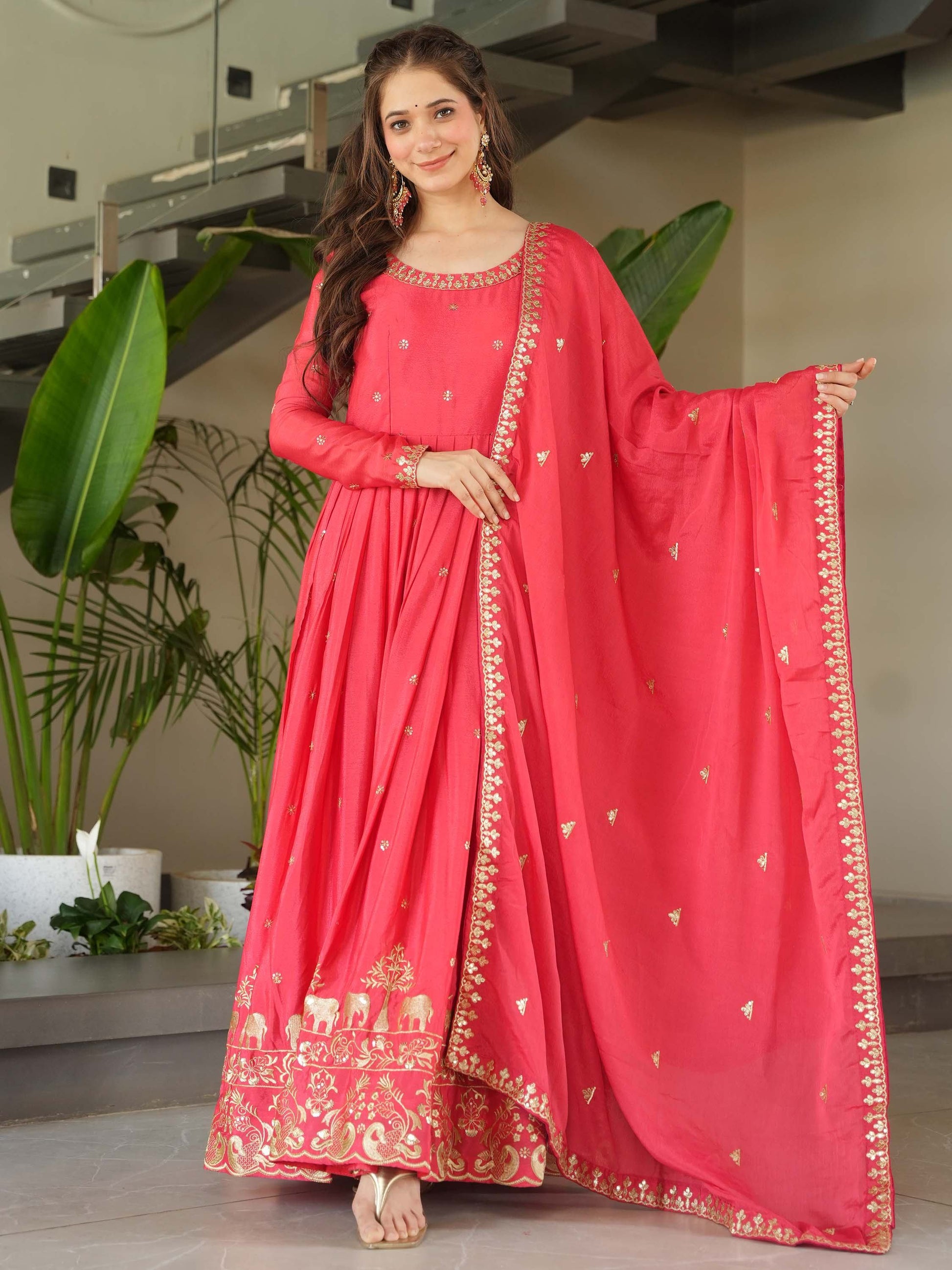 Fascinating Peach Zari Embroidered Chinon Festival Wear Gown - Zeel Clothing