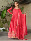 Fascinating Peach Zari Embroidered Chinon Festival Wear Gown - Zeel Clothing
