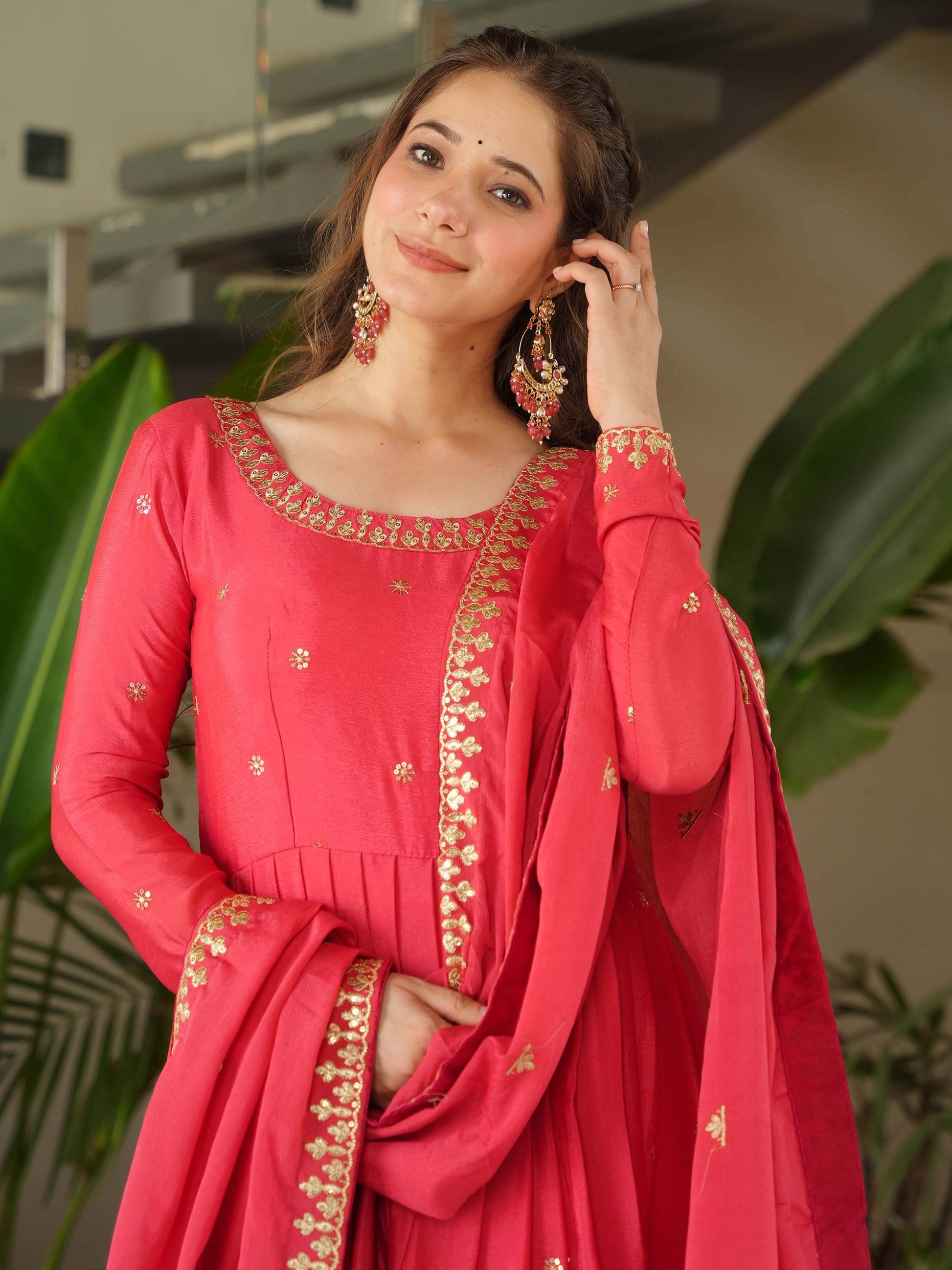 Fascinating Peach Zari Embroidered Chinon Festival Wear Gown - Zeel Clothing