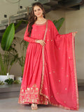 Fascinating Peach Zari Embroidered Chinon Festival Wear Gown - Zeel Clothing