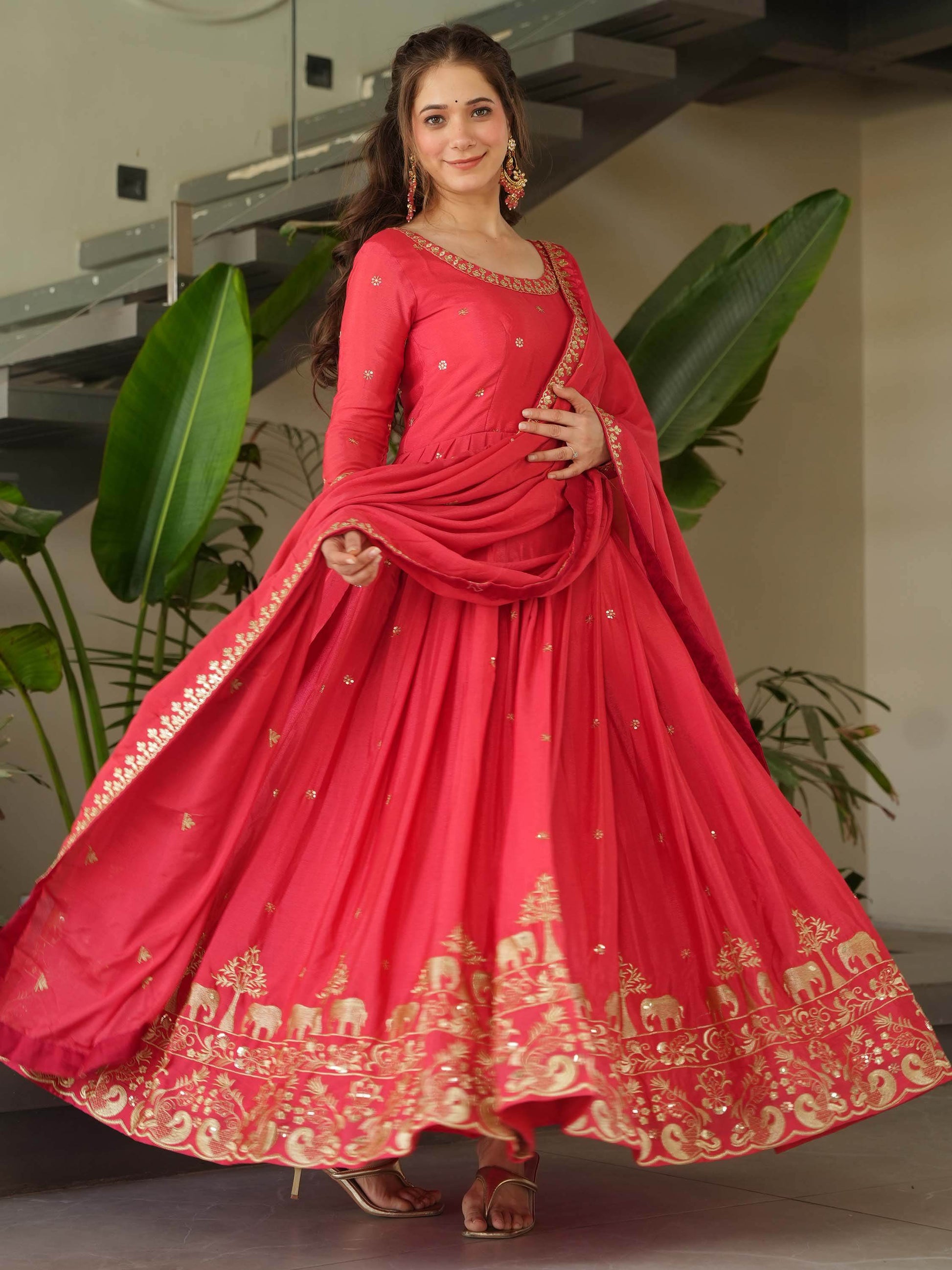 Fascinating Peach Zari Embroidered Chinon Festival Wear Gown - Zeel Clothing