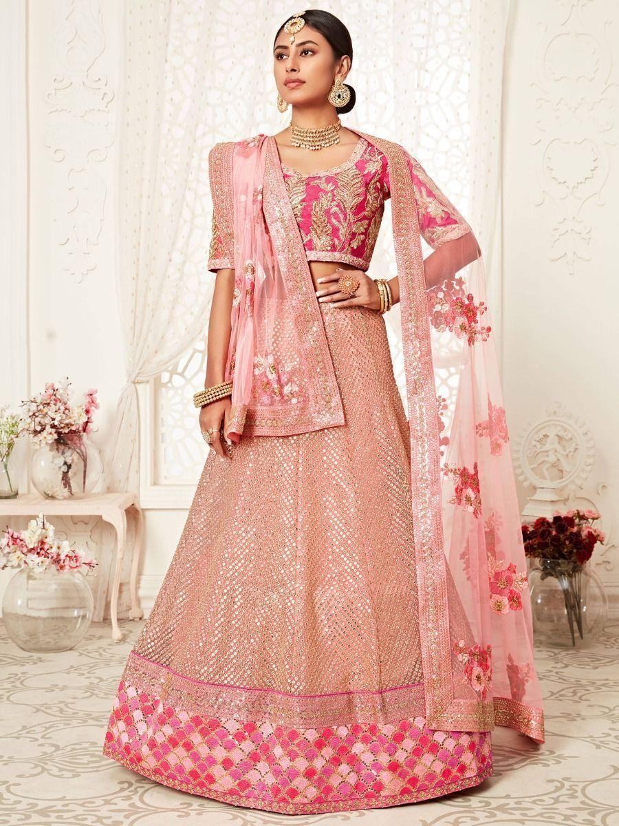 Fascinating Pink Embroidered Soft Net Wedding Wear Lehenga Choli