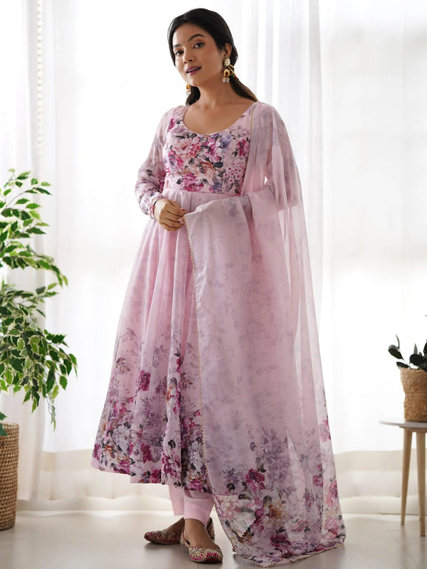 Fascinating Pink Floral Printed Organza Anarkali Suit With Dupatta