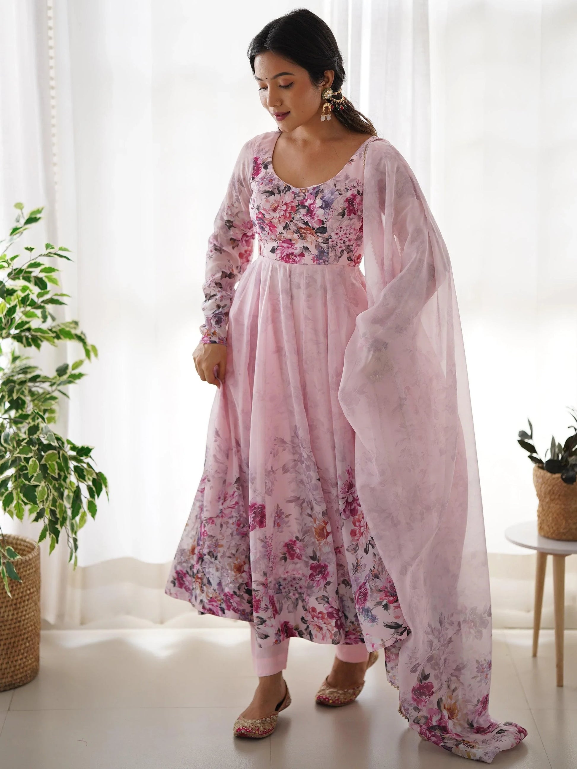 Fascinating Pink Floral Printed Organza Anarkali Suit With Dupatta