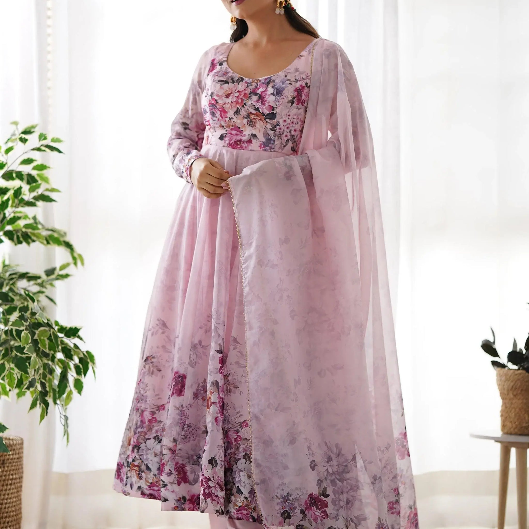 Fascinating Pink Floral Printed Organza Anarkali Suit With Dupatta - Zeel Clothing