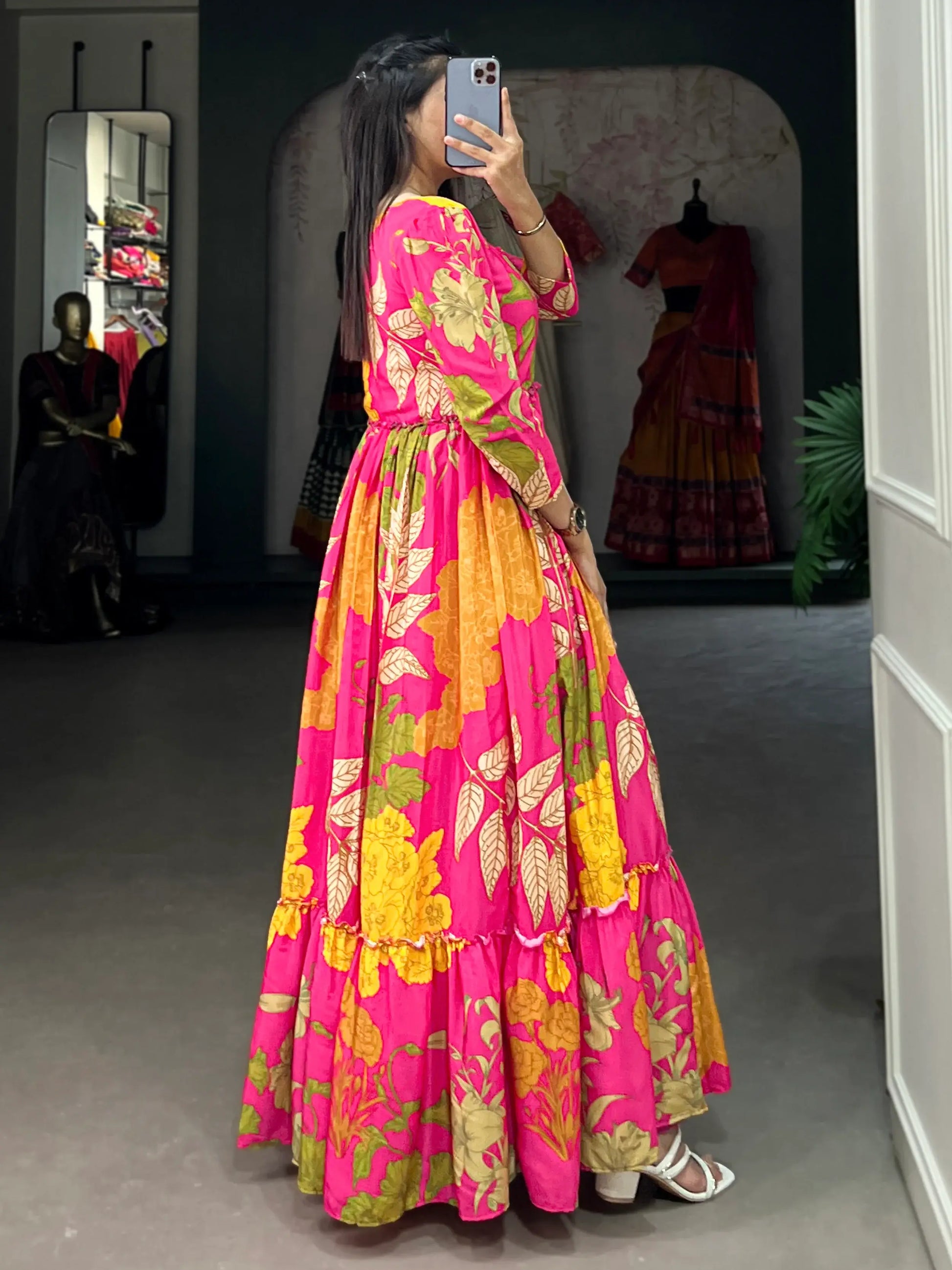 Fascinating Pink Floral Printed Silk Event Wear Gown - Zeel Clothing