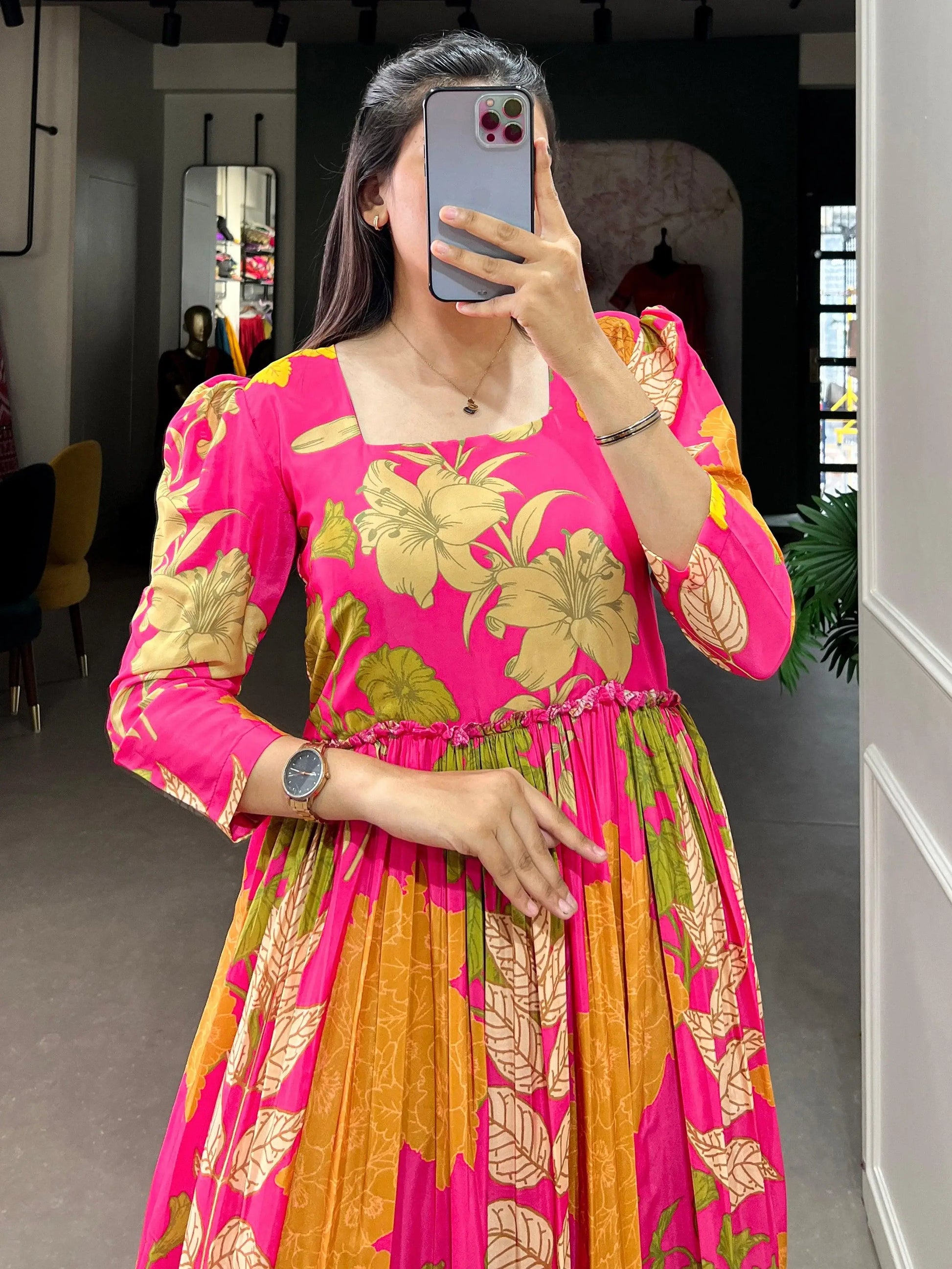 Fascinating Pink Floral Printed Silk Event Wear Gown - Zeel Clothing