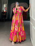 Fascinating Pink Floral Printed Silk Event Wear Gown - Zeel Clothing
