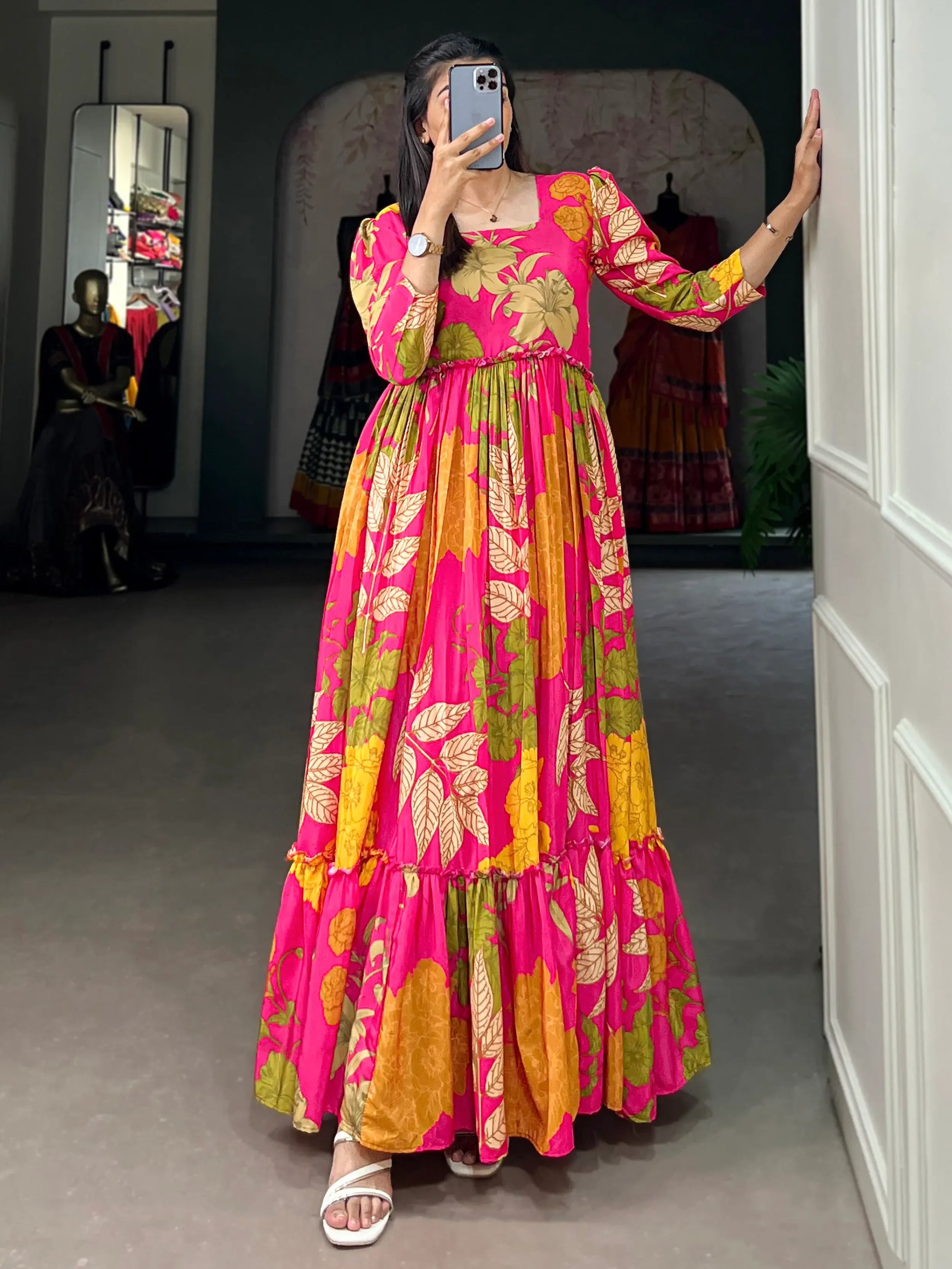 Fascinating Pink Floral Printed Silk Event Wear Gown - Zeel Clothing