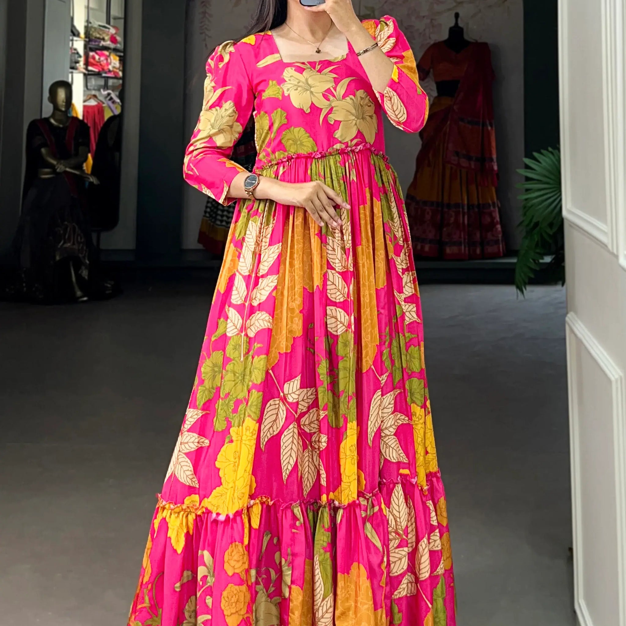 Fascinating Pink Floral Printed Silk Event Wear Gown - Zeel Clothing