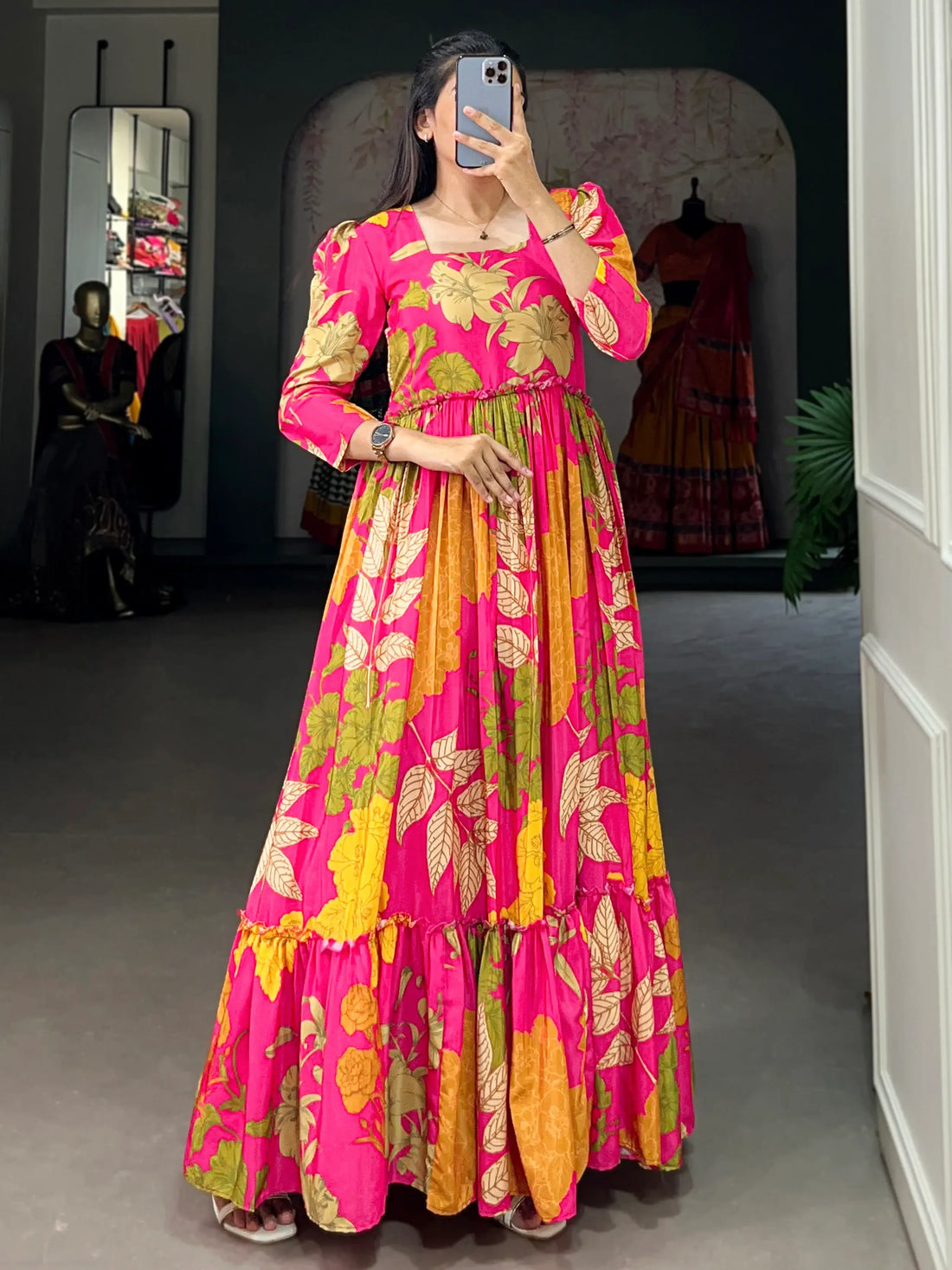 Fascinating Pink Floral Printed Silk Event Wear Gown - Zeel Clothing
