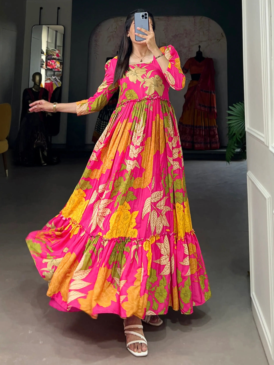 Fascinating Pink Floral Printed Silk Event Wear Gown - Zeel Clothing