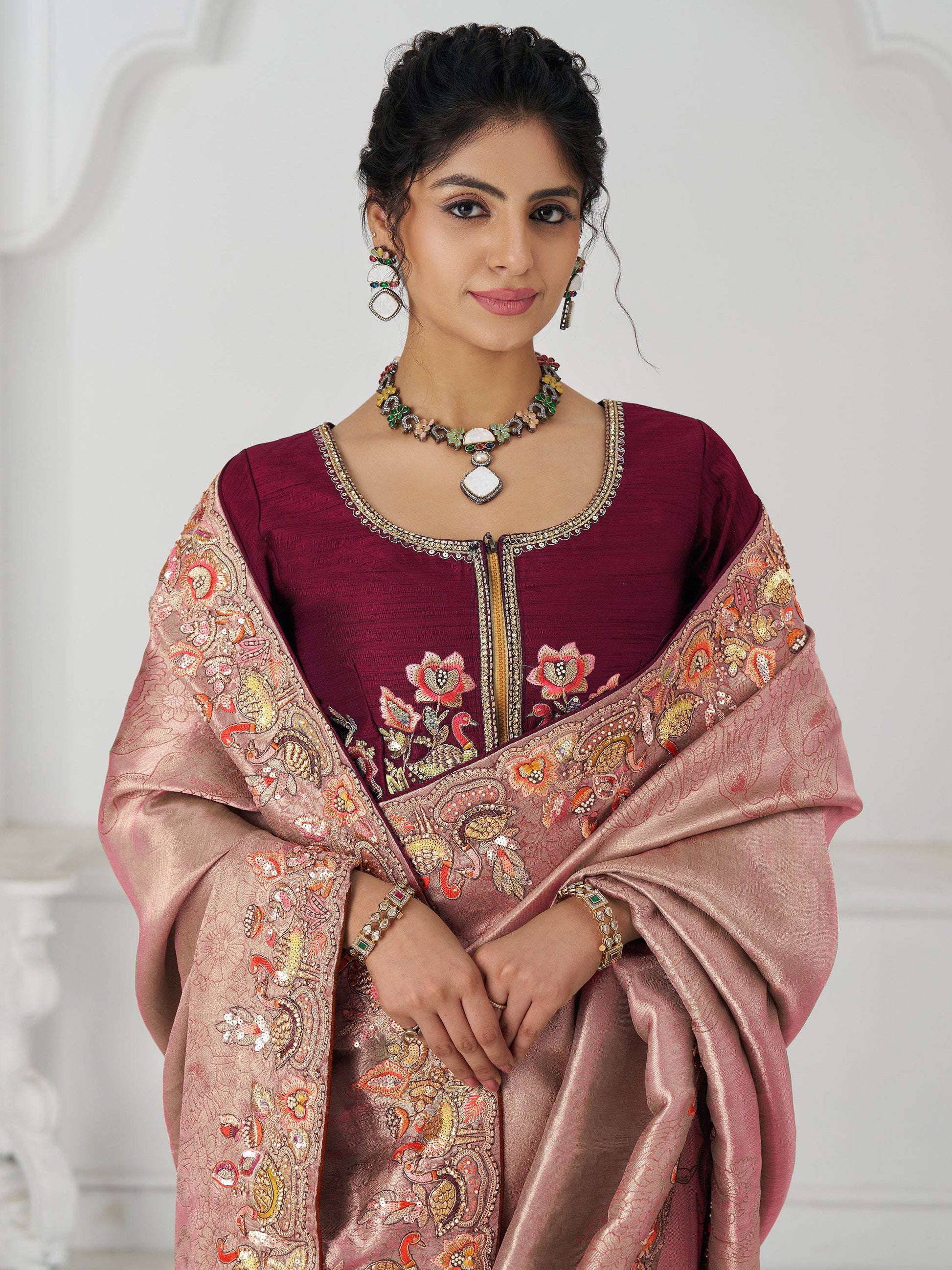 Fascinating Pink Thread Work Dola Silk Reception Wear Saree With Blouse - Zeel Clothing