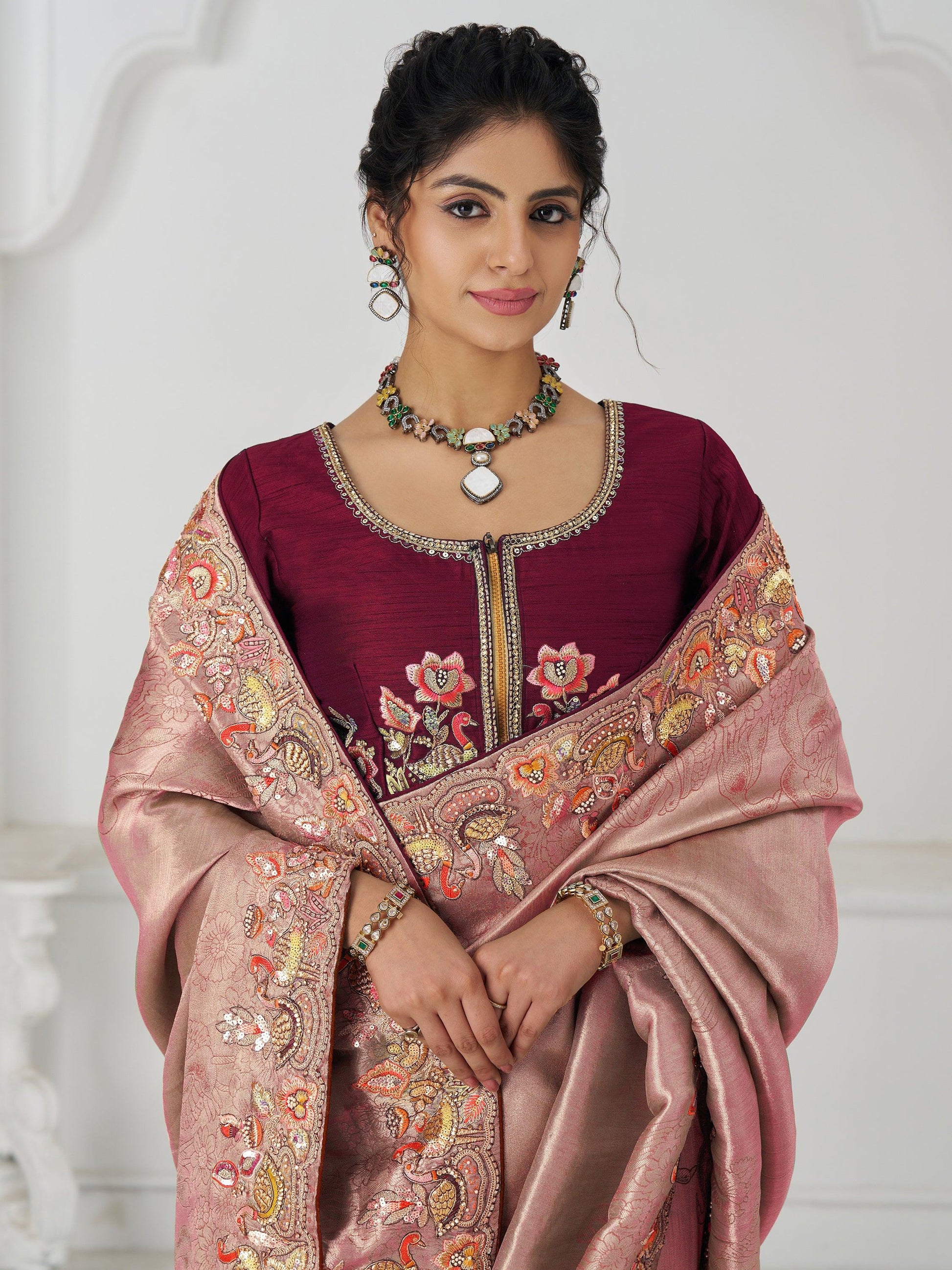 Fascinating Pink Thread Work Dola Silk Reception Wear Saree With Blouse - Zeel Clothing