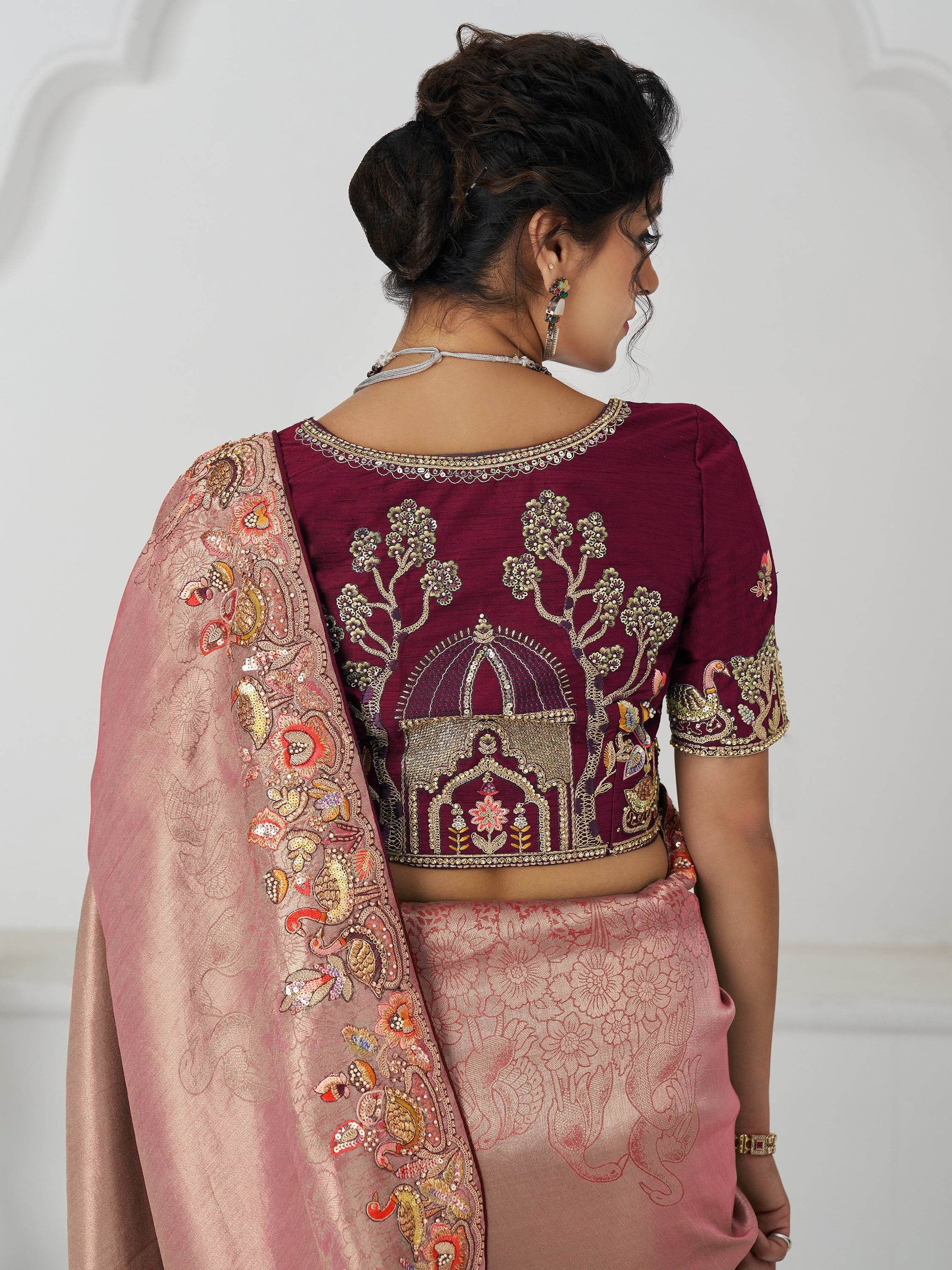 Fascinating Pink Thread Work Dola Silk Reception Wear Saree With Blouse - Zeel Clothing