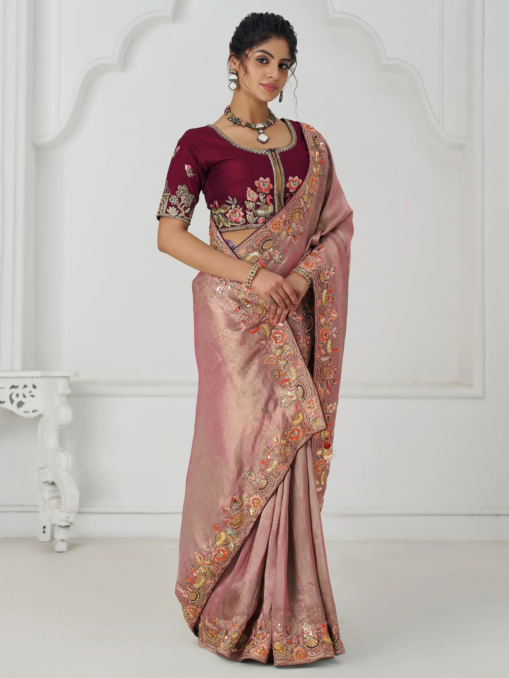 Fascinating Pink Thread Work Dola Silk Reception Wear Saree With Blouse - Zeel Clothing