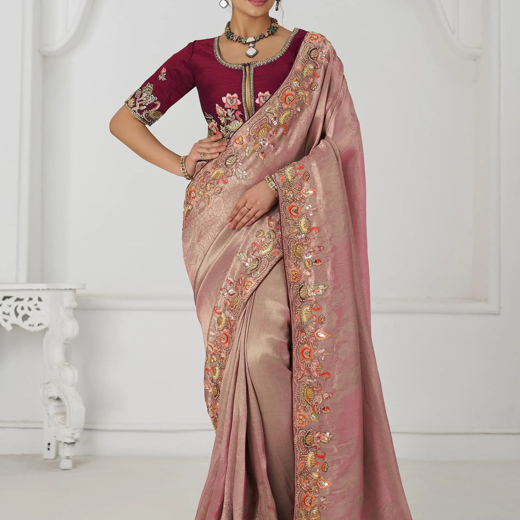 Fascinating Pink Thread Work Dola Silk Reception Wear Saree With Blouse - Zeel Clothing
