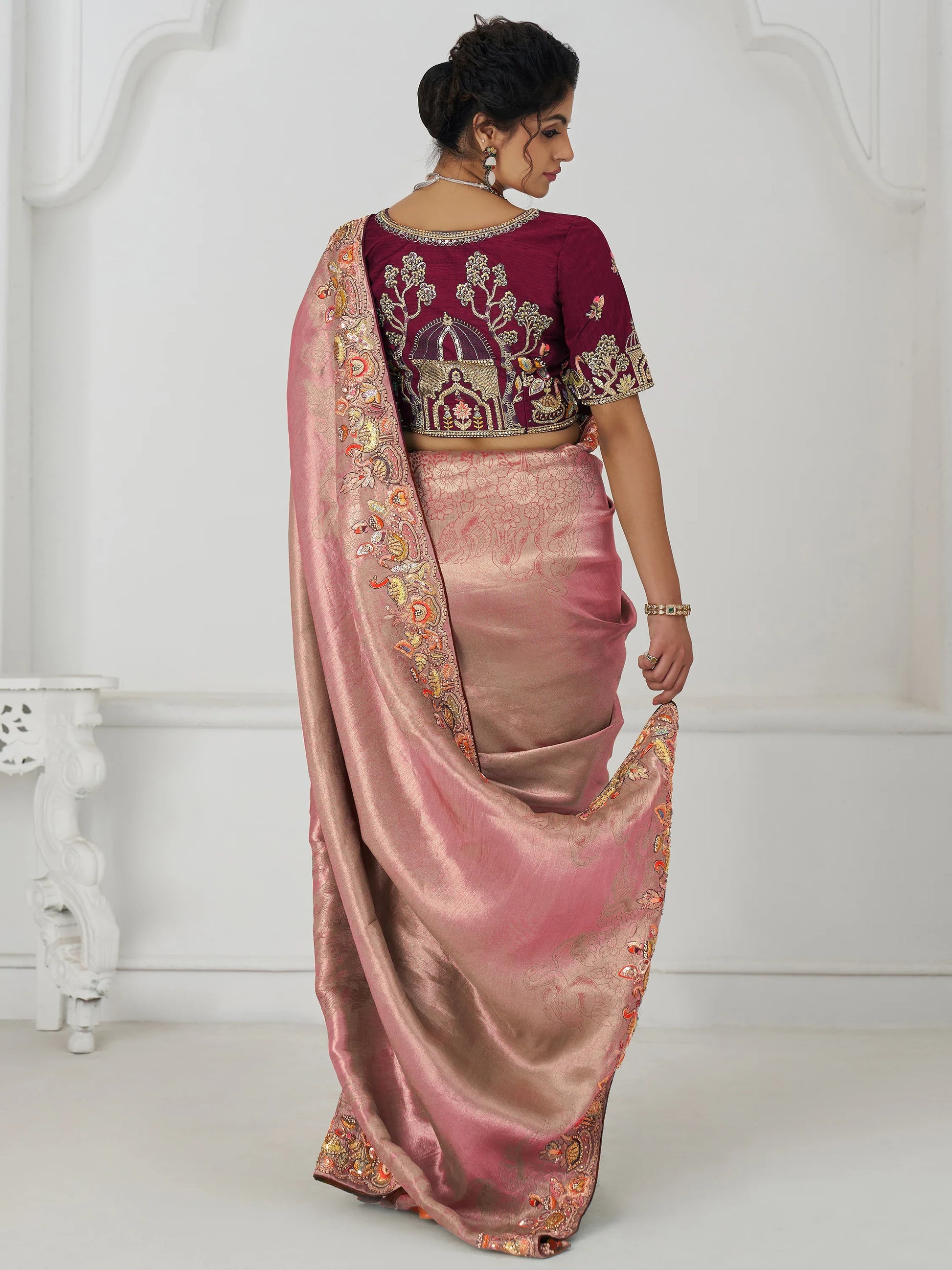 Fascinating Pink Thread Work Dola Silk Reception Wear Saree With Blouse - Zeel Clothing