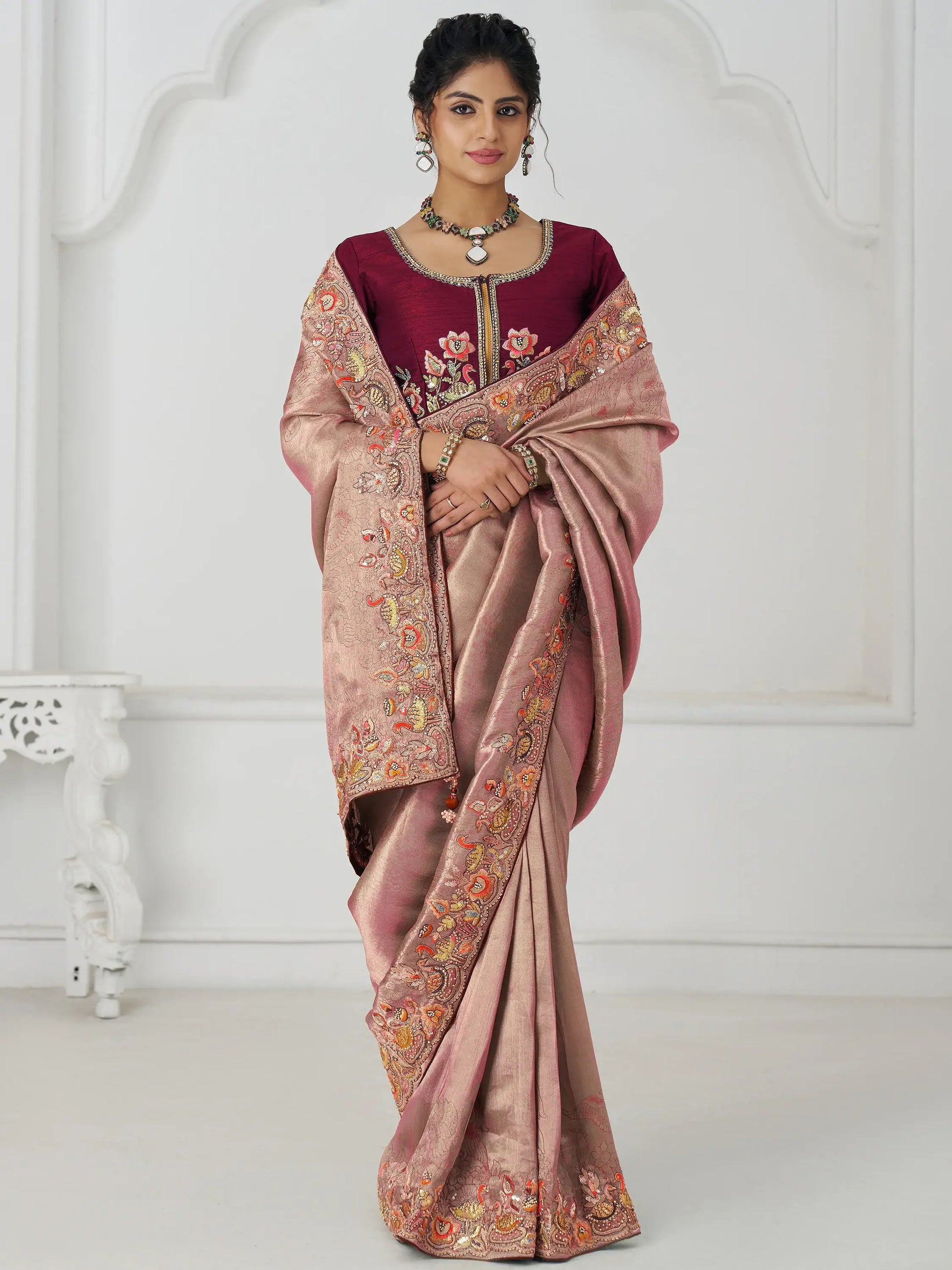 Fascinating Pink Thread Work Dola Silk Reception Wear Saree With Blouse - Zeel Clothing