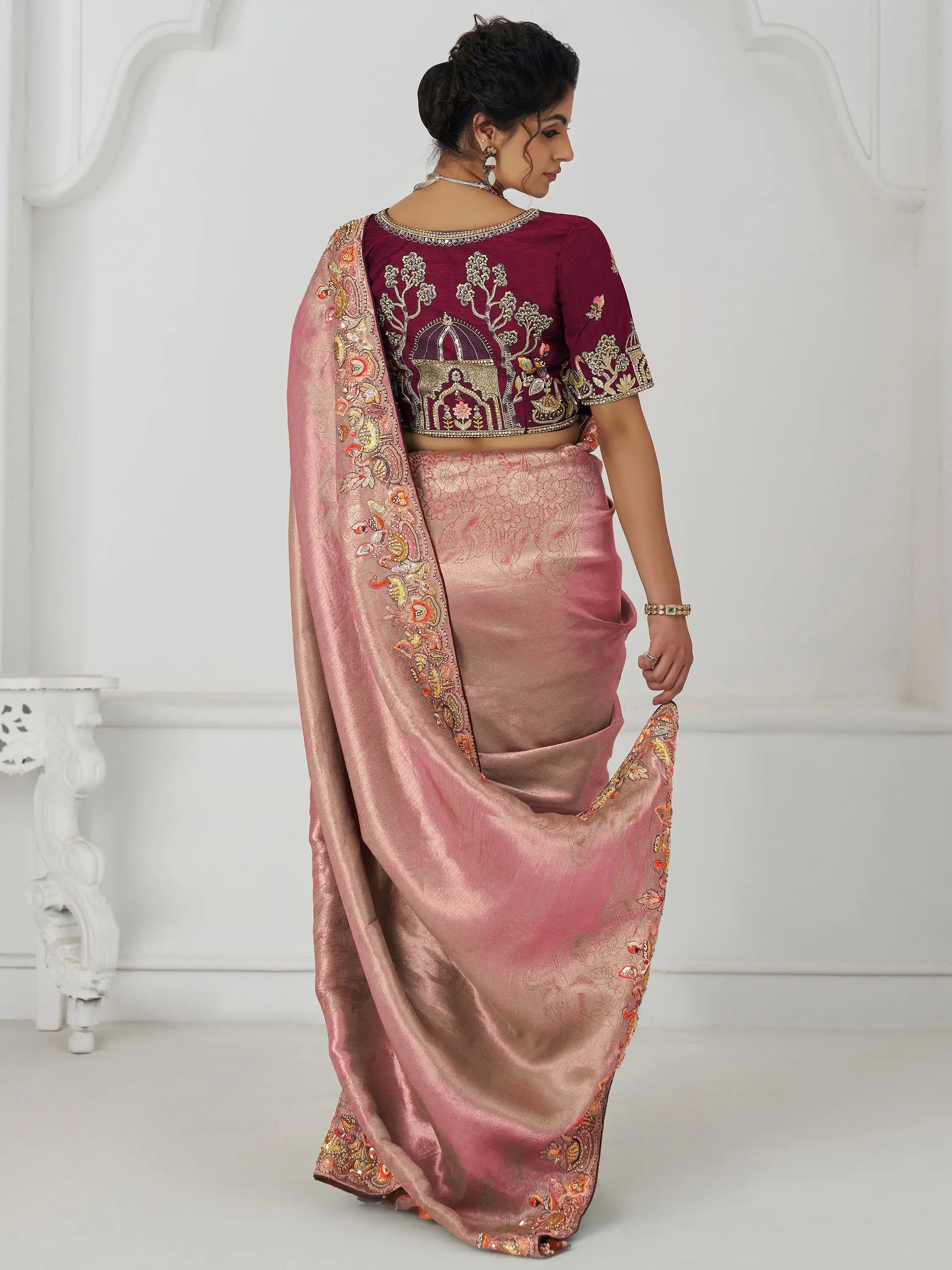 Fascinating Pink Thread Work Dola Silk Reception Wear Saree With Blouse - Zeel Clothing