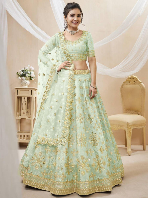 Fascinating Pista Green Embroidered Art Silk Lehenga Choli