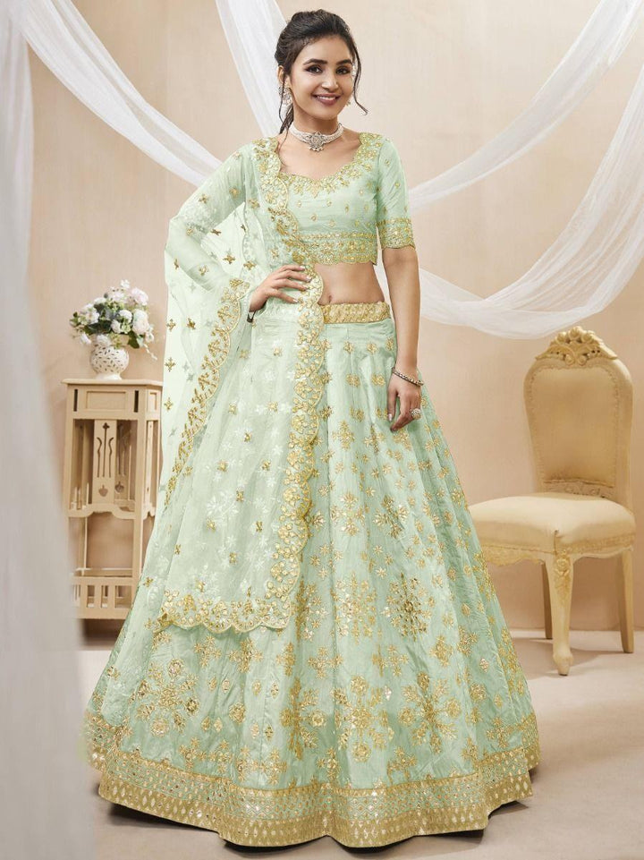 Fascinating Pista Green Embroidered Art Silk Lehenga Choli