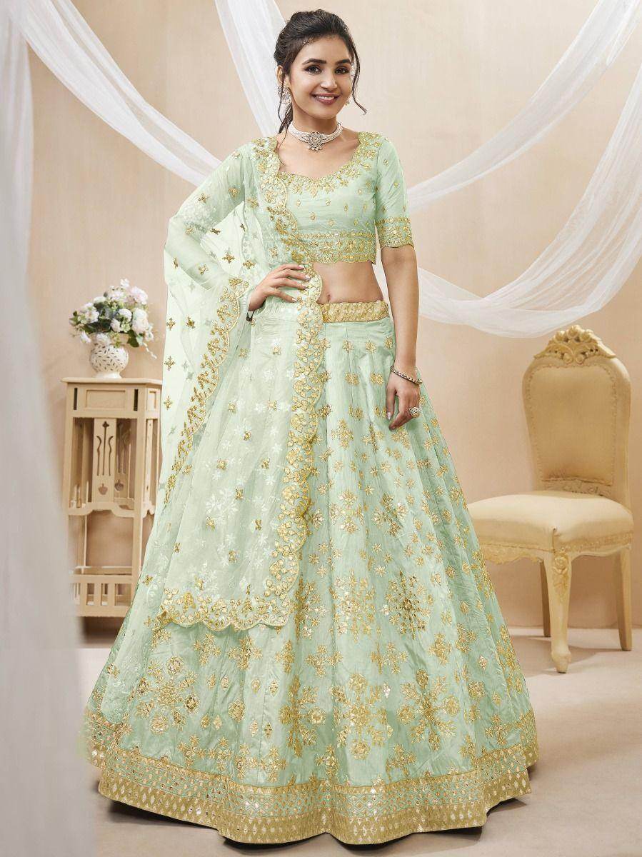 Fascinating Pista Green Embroidered Art Silk Lehenga Choli - Zeel Clothing