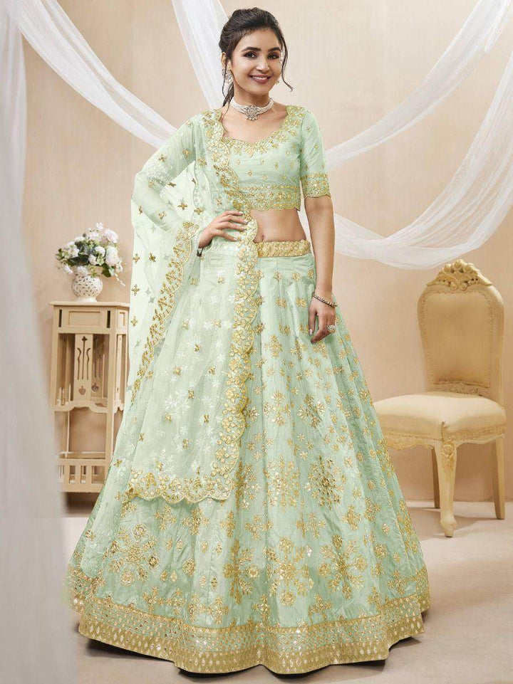 Fascinating Pista Green Embroidered Art Silk Lehenga Choli - Zeel Clothing