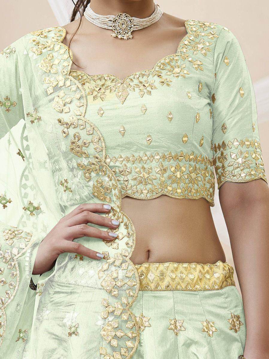 Fascinating Pista Green Embroidered Art Silk Lehenga Choli - Zeel Clothing