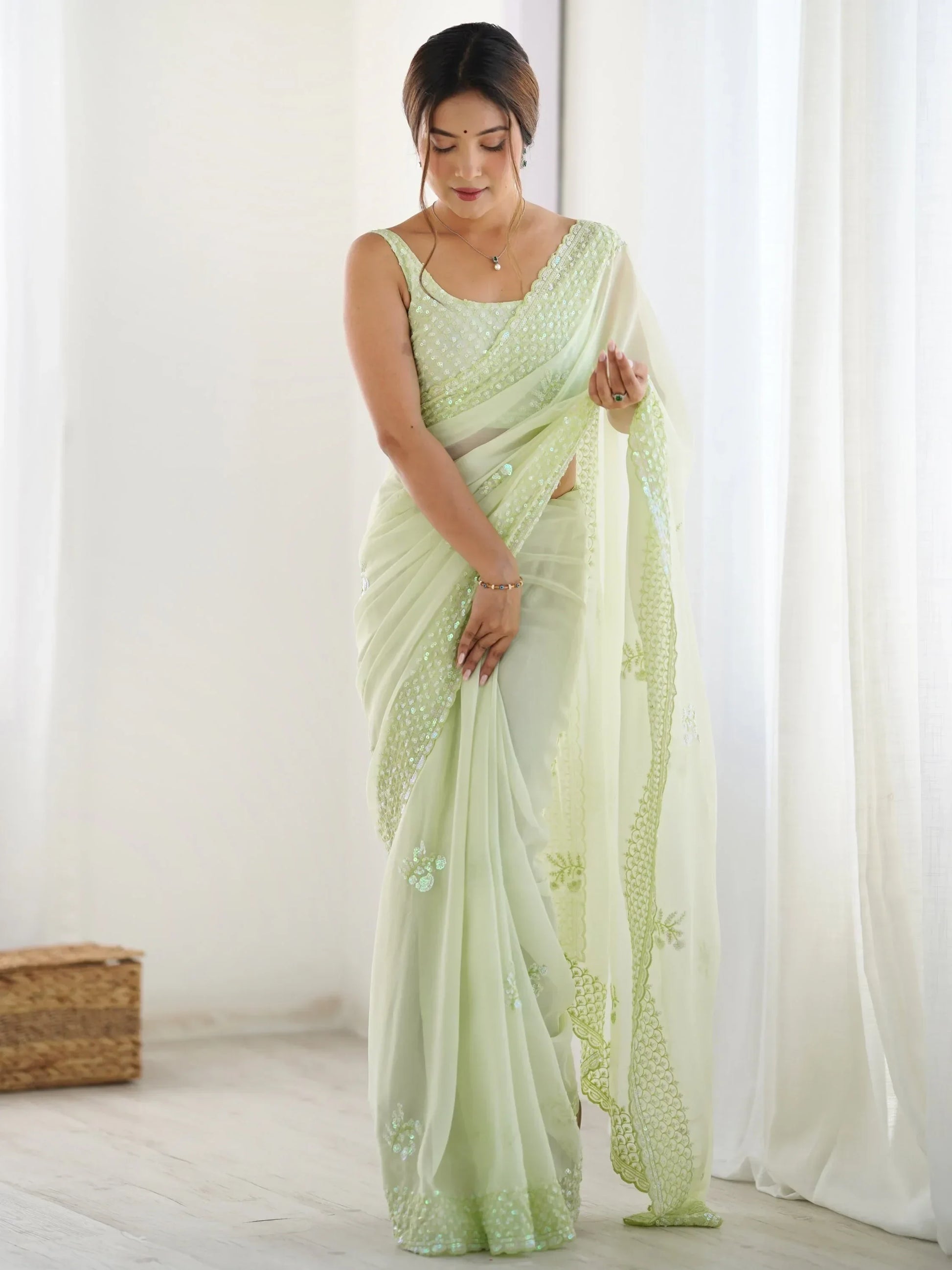Fascinating Pista Green Embroidered Georgette Traditional Saree With Blouse - Zeel Clothing